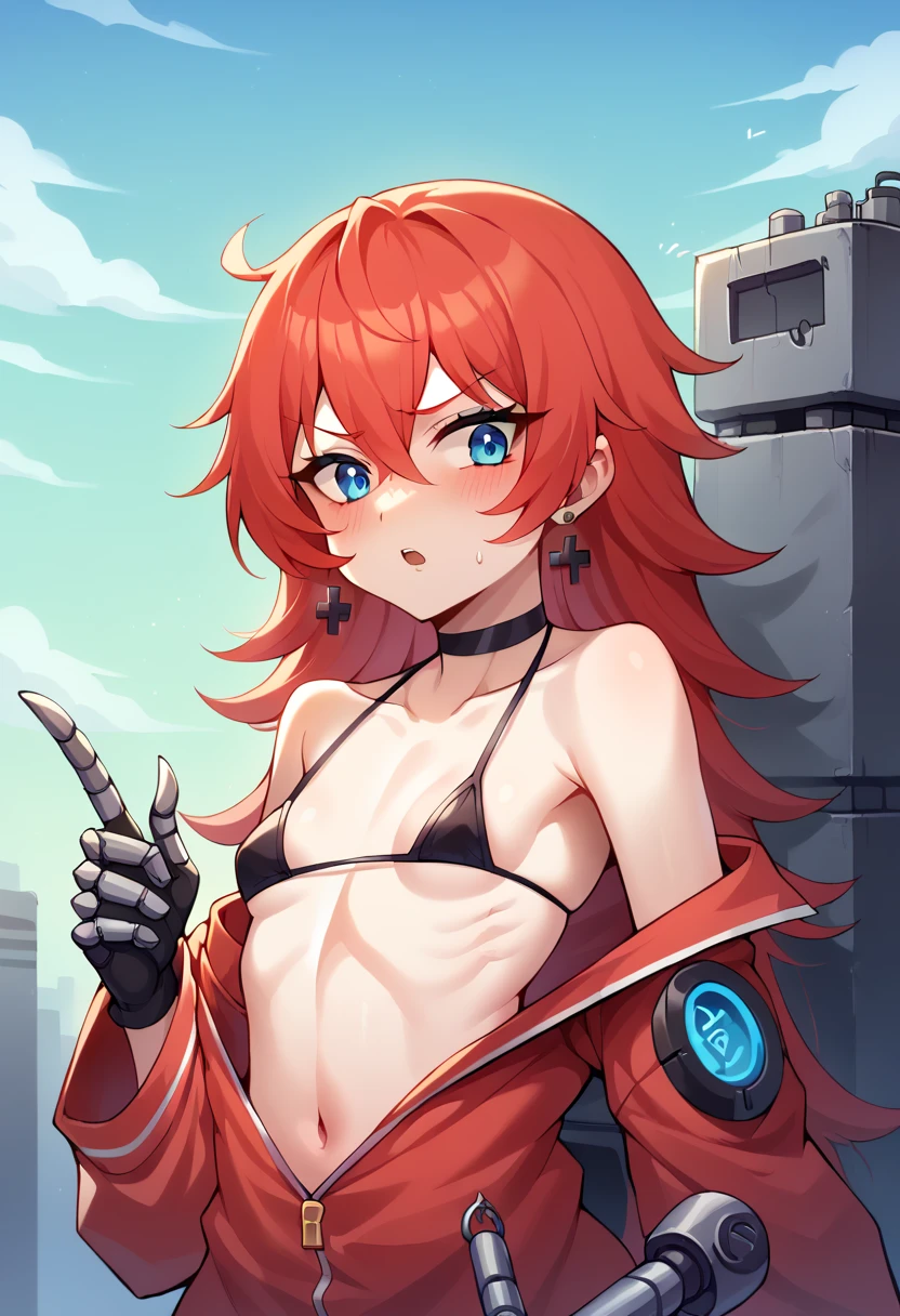 1girls big breasts bikini black eyes female freckles freckles on body freckles on breasts freckles on face freckles on shoulders freckles on thighs hand on hip light skin light-skinned female nipple bulge red hair short hair solo solo female yellow bikini