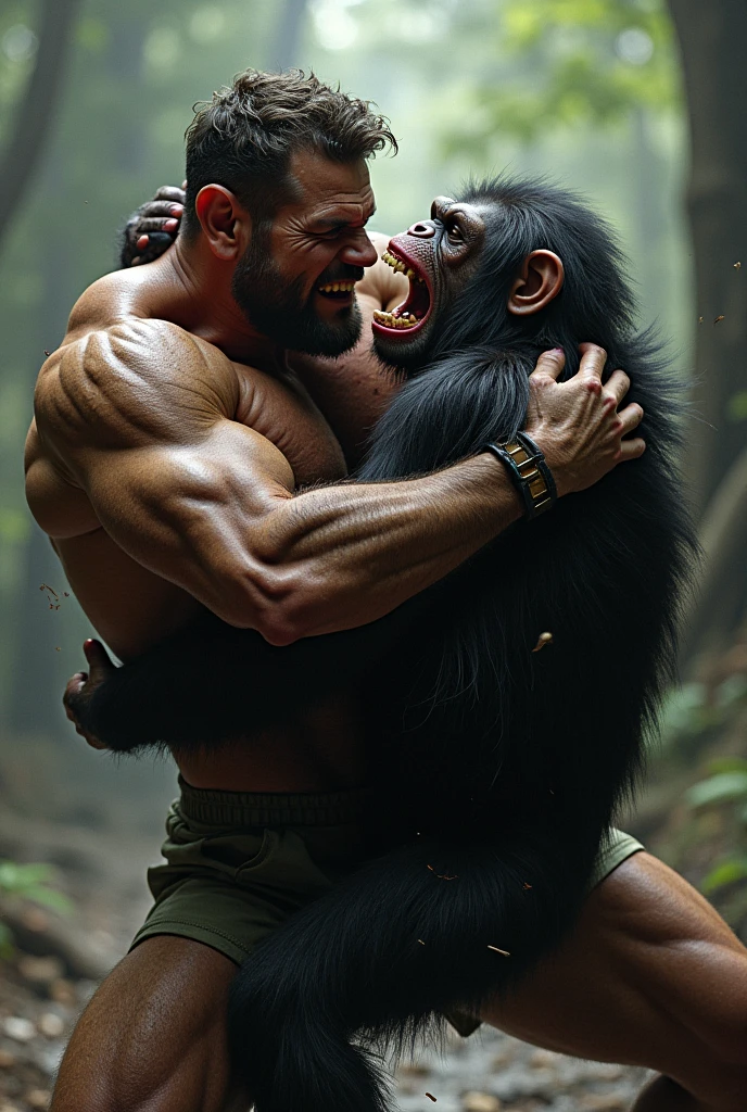 A muscular man in sex clothes on the floor for another muscular bear man with bunny headband
