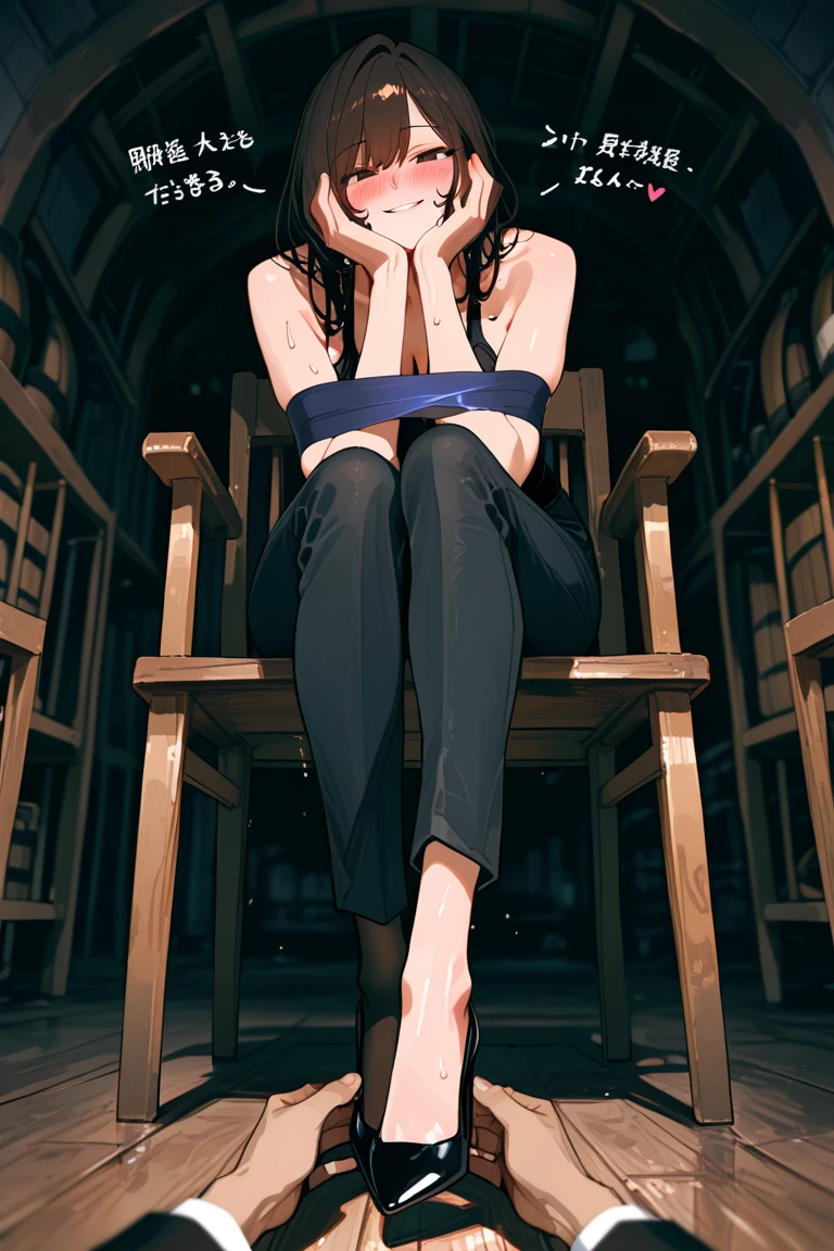 yukinoshita yukino, (long hair, black hair:1.6), grey eyes, anatomically correct, heavy breathing, huge breasts, breast press, chain, 1girl, necktie, solo, shirt, pants, collared_shirt, black_pants, looking_at_viewer, chained, white_shirt, breasts, black_neckwear, black_footwear, long_sleeves, office_lady, "a woman in a white shirt and tie sitting on the ground, inspired by Munakata Shikō, trending on pixiv, shin hanga, wearing a chain, mobile wallpaper, full body", (shaded face:1.2), hollow eyes, grey eyes, looking at viewer, heavy breathing, smirk, upper teeth, lips,