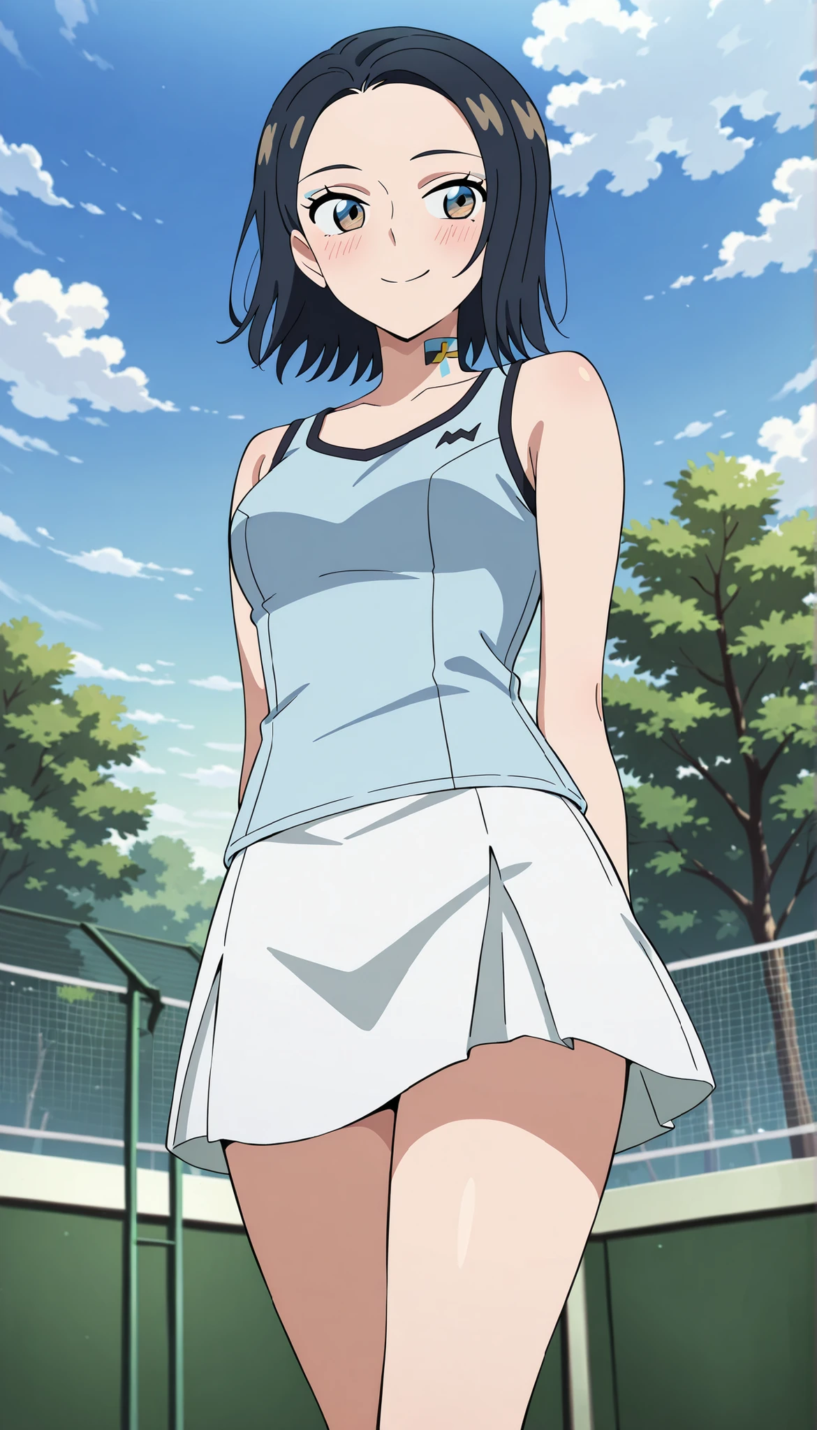 Comoli Harcourt,dark haired,short hair,white skirt,light blue tank top,thighs,(((low angle))),tennis court,Ulchan -6500-v1.1, (RAW pictures:1.2), BEAUTIFUL DETAILS, Very Detailedな目 美しい目,beautiful eyes,brown eyes, file size is large, high resolution, Very Detailed, Highest Quality, [masterpiece:1.6], Awareness-raising, Very Detailed, CG, fine, Highest Quality, 8K Wallpaper, Perfect Body,Very Detailed,Blush,smiling