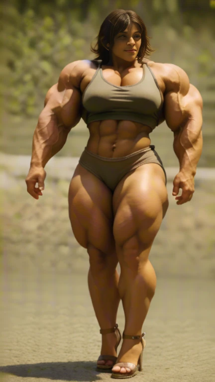tmasterpiece,(Full body like:1.1),Burly woman,Exaggerated large muscles,Beautiful and charming Latin American woman face,largeeyes, 1female,Thin waist,Very broad shoulders,Huge latissimus dorsi, Strong and powerful arms,Stout arms,Thick and powerful leg muscles,long leges,a little bit chubby