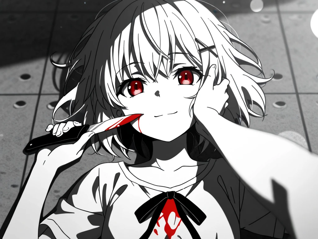 Anime girl with a knife in her hand, gapmoe yandere, Yandere, yandere intricate, gapmoe yandere grimdark, Yandere. Tall, portrait gapmoe yandere grimdark, black and white manga style, pencil and ink manga, intense line art, , author：Ei-Q，[back]，[toplight]