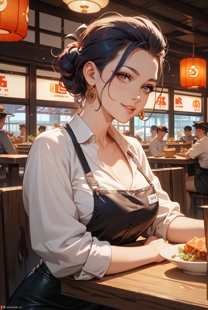 Stylish Japanese Izakaya。Stylish dishes and mugs of beer lined up in front of you。In front of me is a dark-skinned Japanese woman。