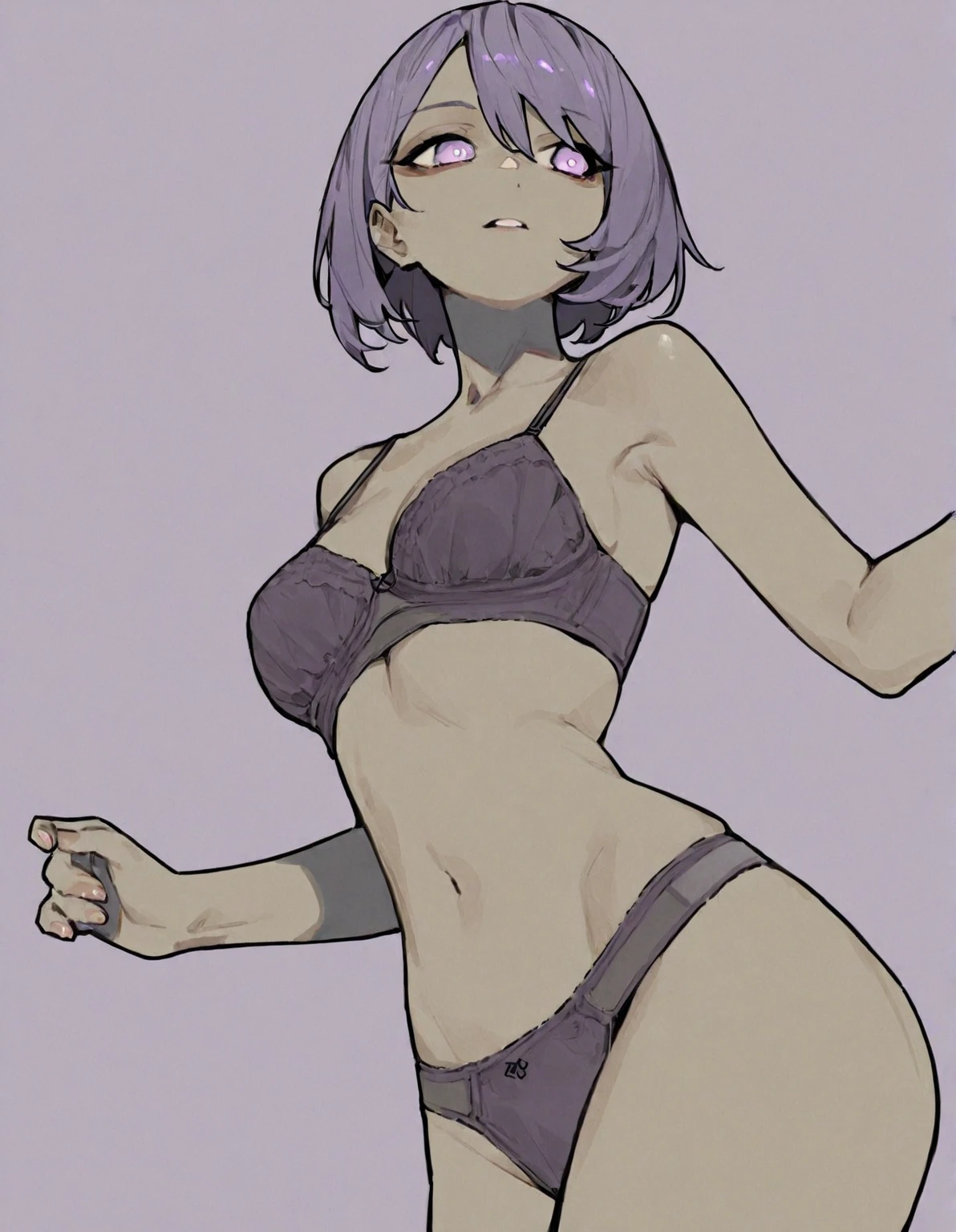 riley fairfeather, masterpiece, best quality 1girl, solo, 1girl, solo, freckles, dark skin, tan lines, dark-skinned female, purple eyes, short hair, green hair, multicolored hair, very short hair, black hair, undercut, gradient hair, two-tone hair, piercing, ear piercing, nose piercing, small breasts, full body, standing, pigeon toed, looking away from viewer, hands behind back, blushing, embarrassed, choker, lacy panties, black panties, lacy bra, black bra, hearts, stylized background,