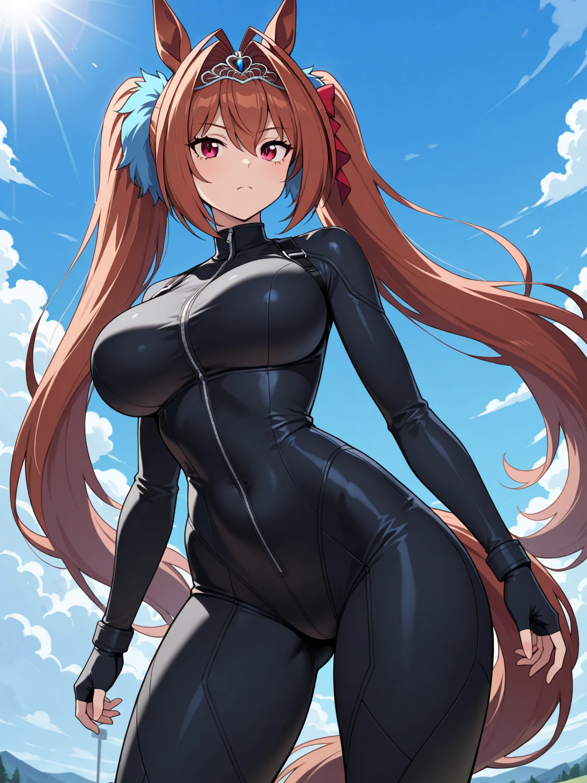 poster, anime style, hires ((motorcycle)), (female biker), (slender body), mature woman, milf, (zipped catsuit, biker suit) victorious, gorgeous, winner, confident face, smile, (closed mouth), (pale skin, shiny skin, lighting and shadow), big breasts, (only one arm stretching), long belly, closed fists, seductive, (brown, long hair, curly bangs), 37 years old