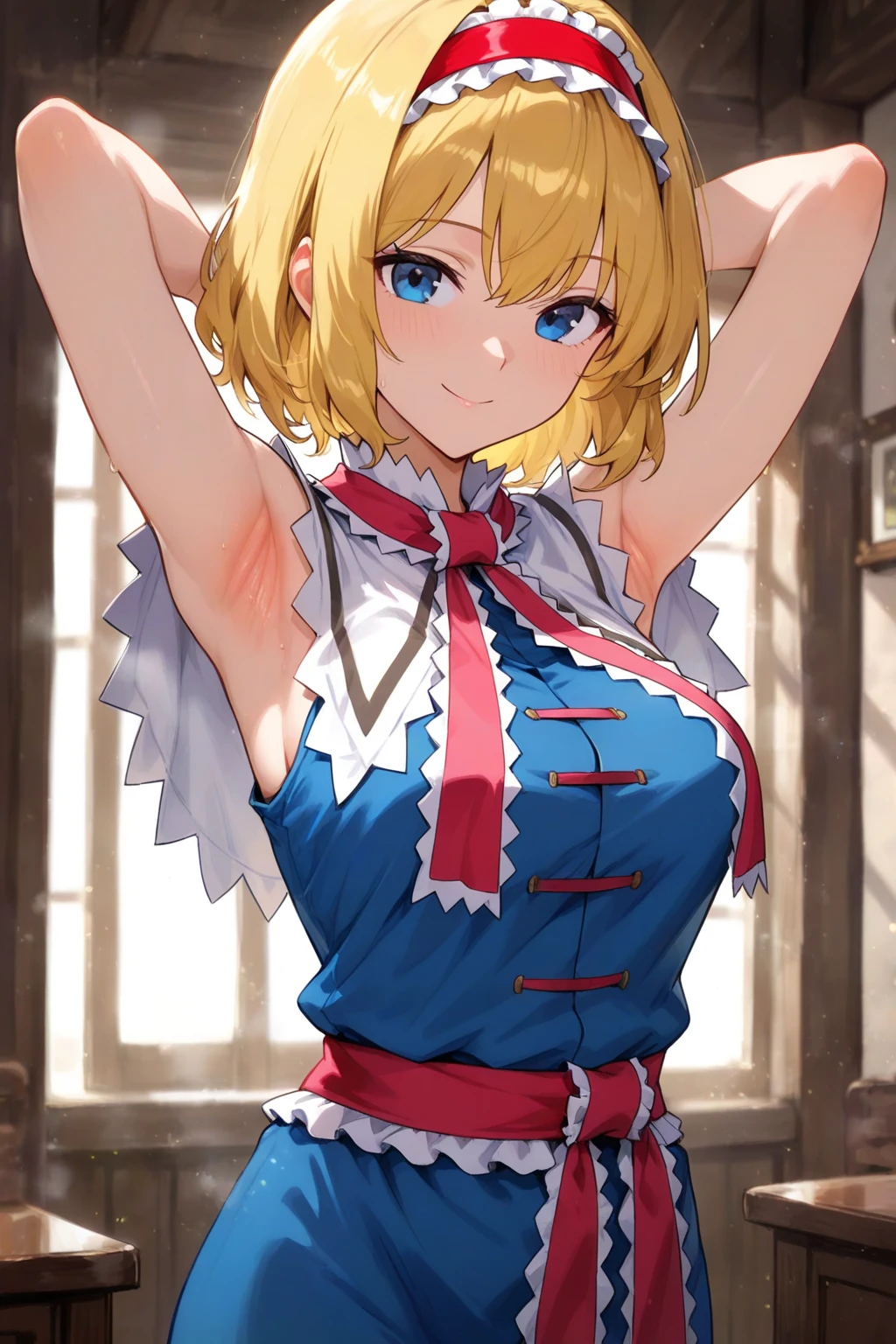 high ponytail,blonde hair ,hair ornament,adorable girl,stand,indoor,incredibly_absurdres,an extremely delicate and beautiful,1girl,game_cg,JK,medium breast,nose blush ,arms behind back  sv98