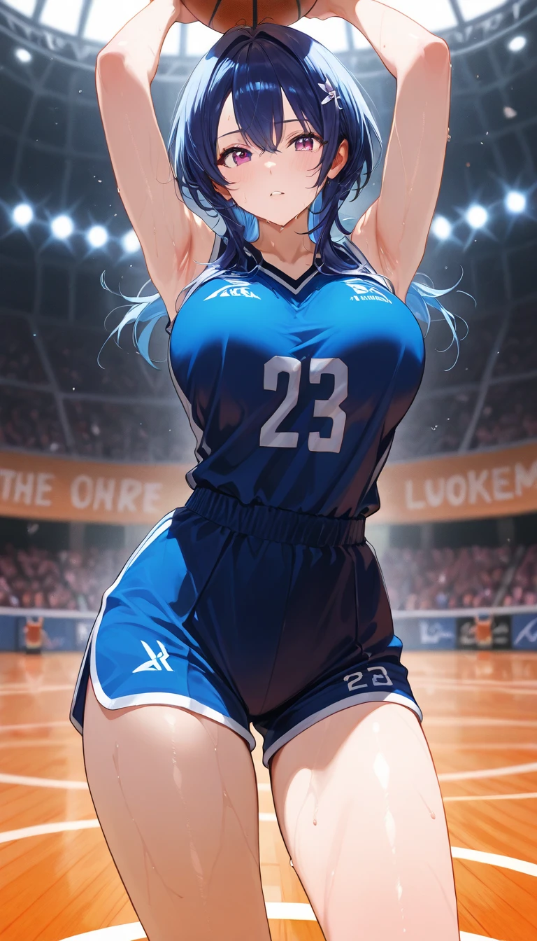 masterpiece, best quality, very aesthetic, absurdres, 1girl, mature_lady,,smirk,Electric blue hairhair intakes,Handball Uniform: Includes a jersey and shorts, often featuring lightweight and breathable materials.,Brutalist - Known for its raw and rugged appearance with exposed concrete surfaces.,blur background,background defocus