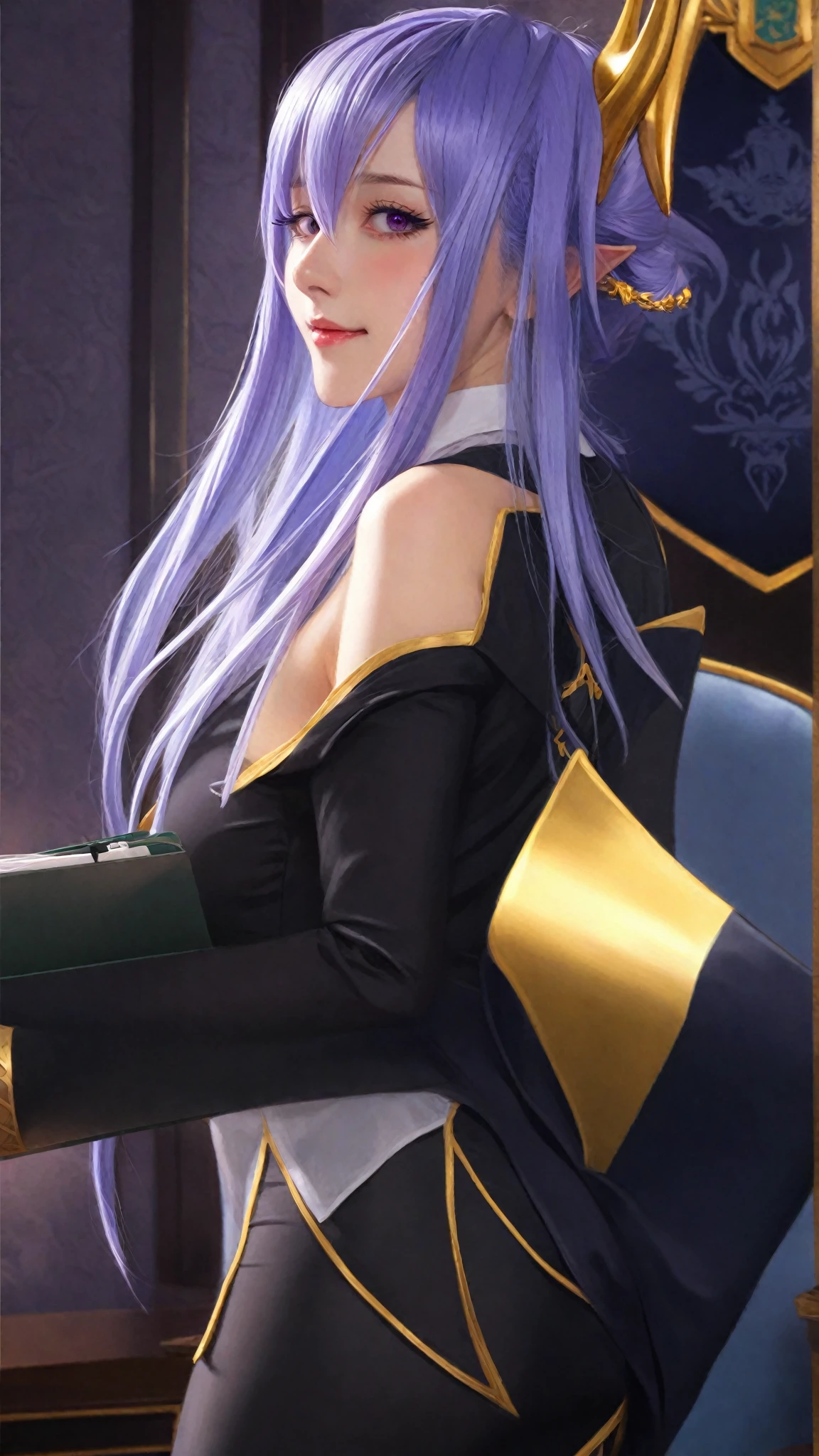 a long purple haired girl, anime style