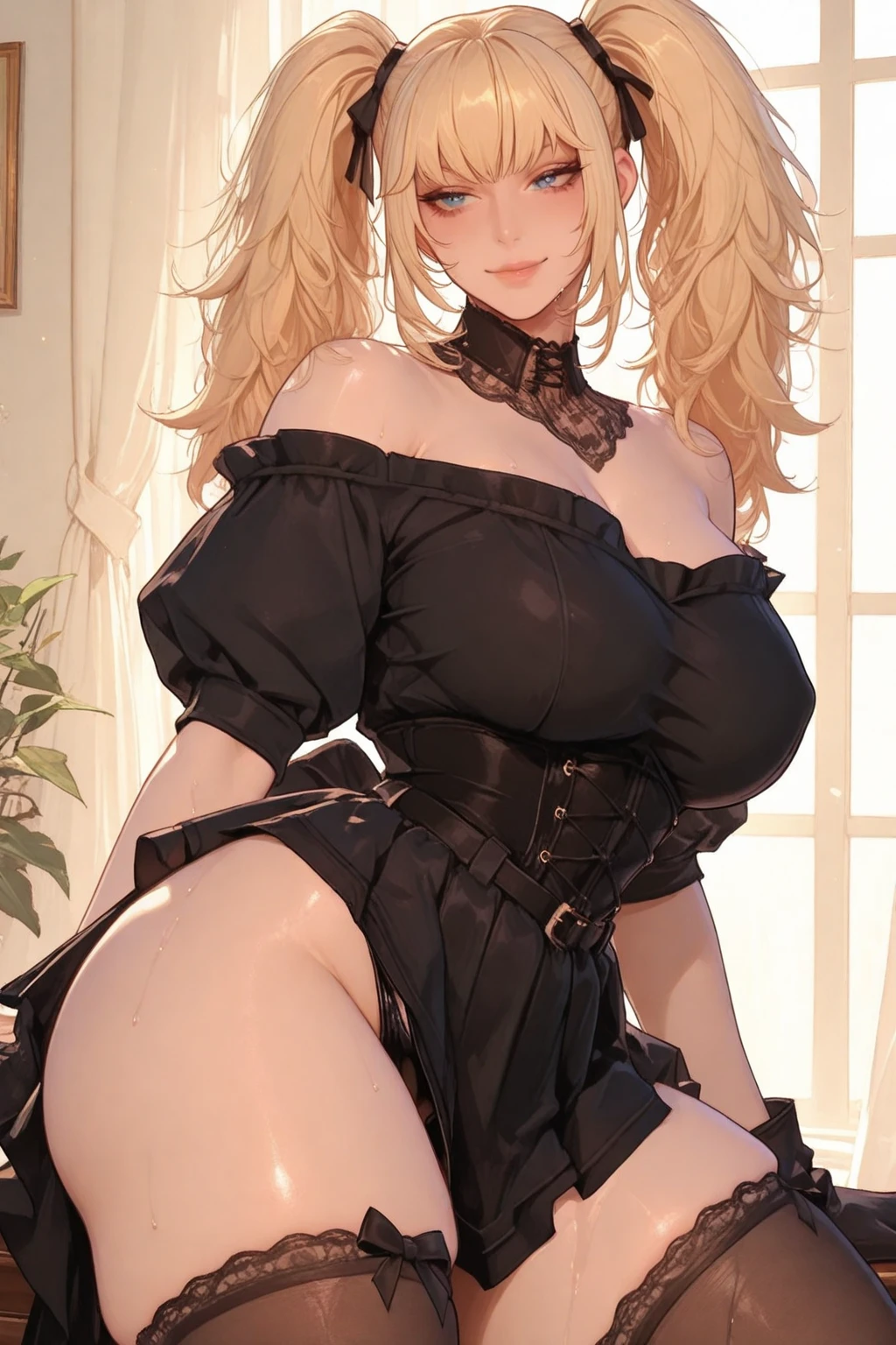  Beautiful pregnant woman, cleavage, tight black bodysuit, beautiful wavy blonde hair,small earrings, necklace, pregnant,