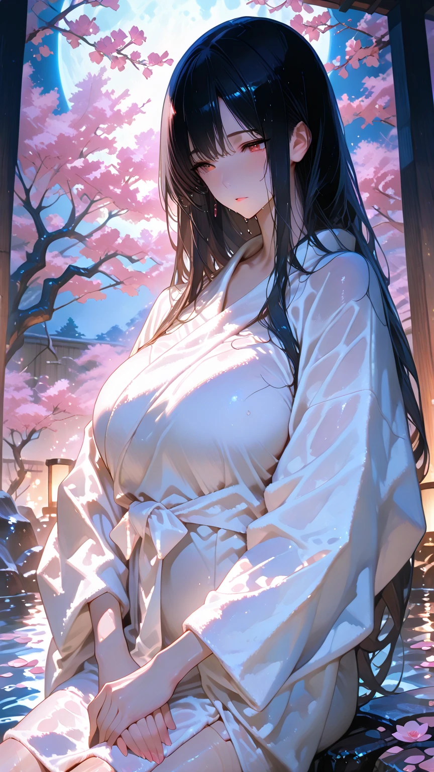 nezuko, adult form, big breast, no clothes, cute face, pink tree background, night time, beautiful moon, nude

