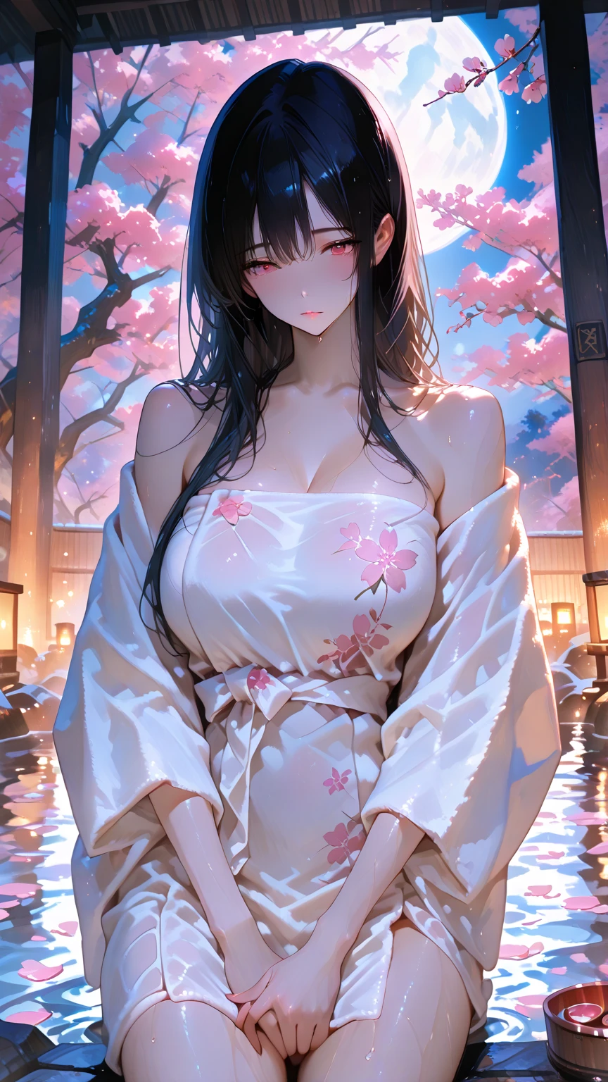 Face close-up、long hair、girl1、smile、cherry blossoms、Purple eyes、Open your mouth、Pink Lips、(Large Breasts:1.3)、Cleavage、night、Starry Sky、Hide your arms behind your body、Glowing Hair、moonlight、(looking down:1.2)、kousaka reina、Kyoto Animation Style