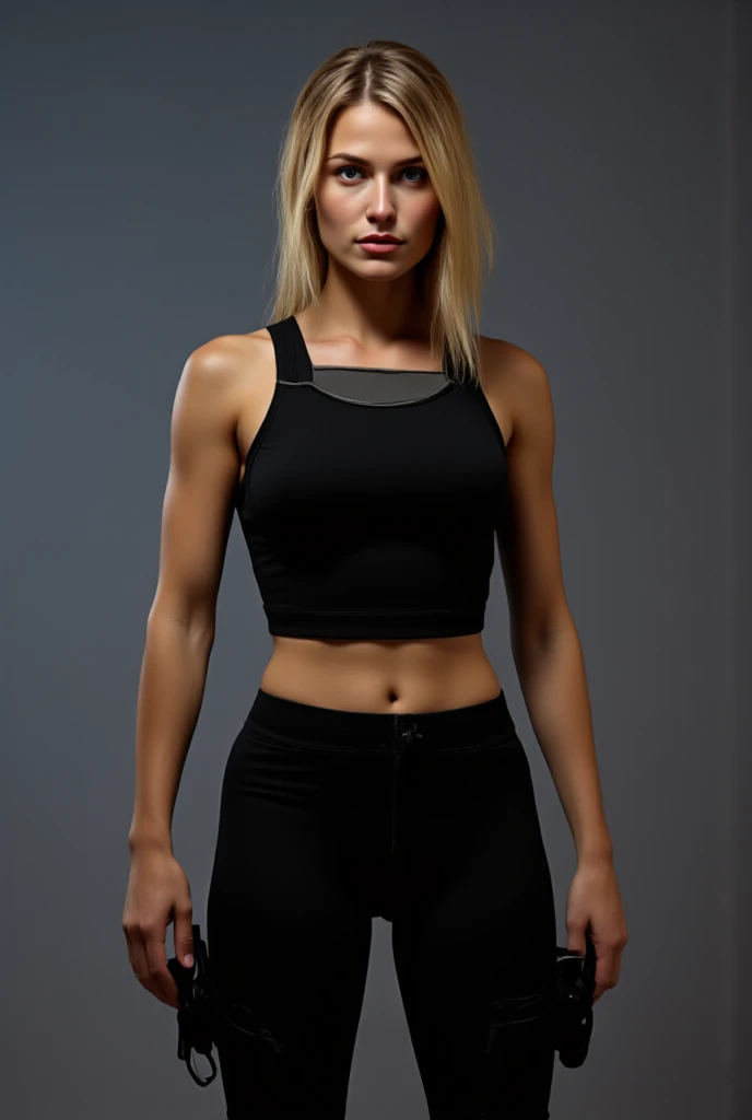 NSFW - Full-length photograph of Gorgeous thin blonde 16 year old trim, athletic model and track star poses for studio photograph. Dramatic side lighting highlights her very lean feminine muscles. Perfect feminine athletic form. She's standing against a plain very dark background. No lights or details are visible in the background.