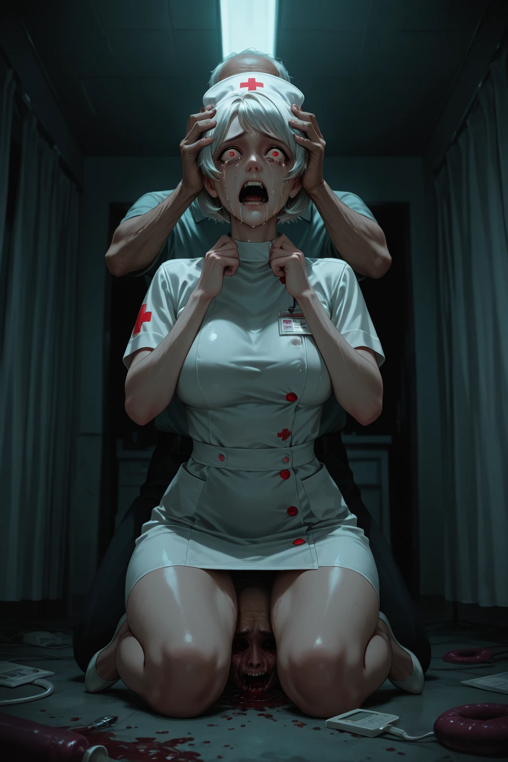 score_9, score_8_up, score_7_up, female, silent hill Nurse, curvy, wide hips, anal, full nelson, dark theme, eyeless, blood, grey skin, abounded hospital, concept art, realistic, dark theme, low light, wet pussy,