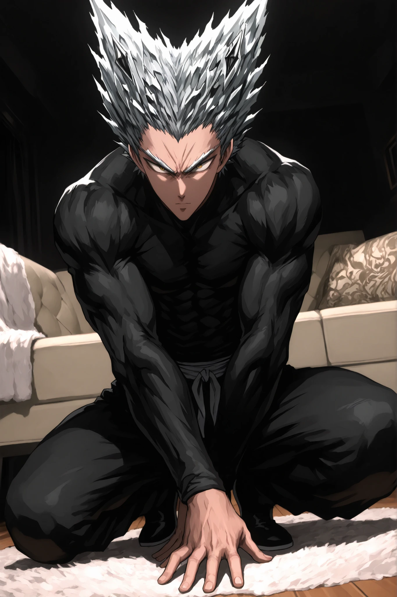 One Punch Man [Garou] illustration,Silver Hair,Silver eyebrows,yellow eyes,full body,solemn expression,Resolute Stance,Detailed description ,high resolution on the coast,masterpiece,extreme detail,professional,vivid color,Original Style,Digital Illustration,sharp focus,Rich lighting,Dramatic Atmosphere,cool tone,Black and white,guy,living room background, No accessories created based on