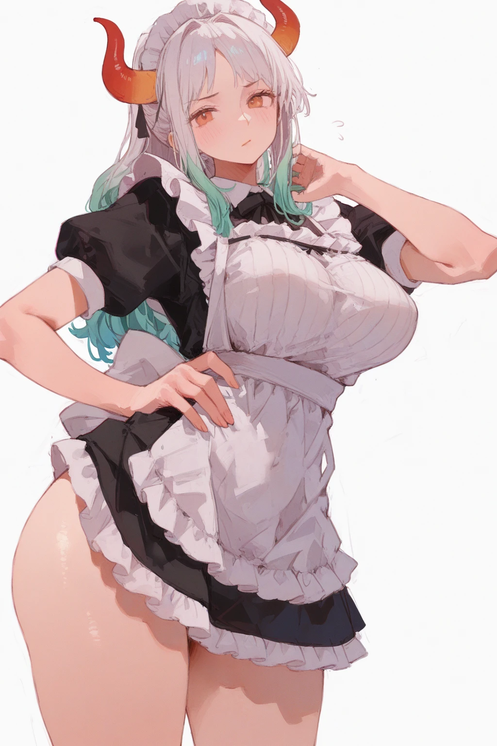 One woman, braided pigtails, huge breasts, (huge breasts: 1.8), glasses, blue eyes, green hair, cute anime face, noise reduction, maid, Japanese style maid, black leotard, full body portrait, digging leotard, Liu Erdao, sandals, blue eyes, black long tights, gentle smile, white kimono, thong digging into buttocks, buttocks emphasis