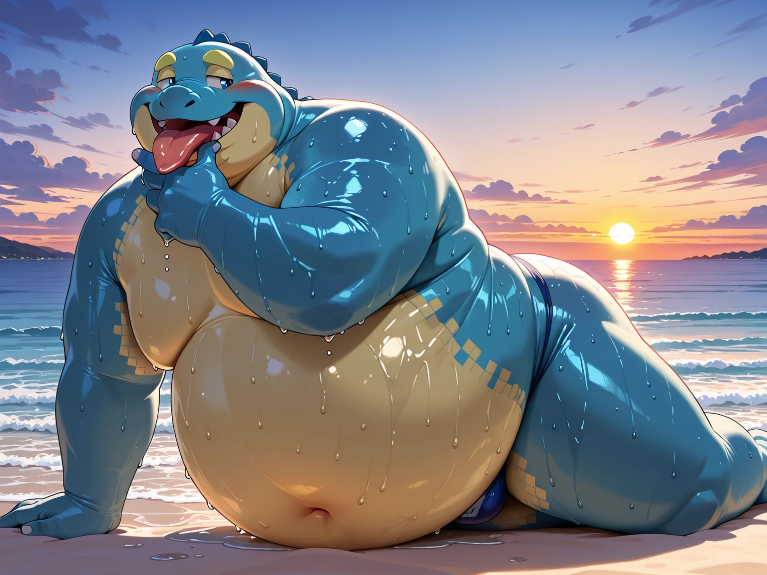 Big buff dark blue cartoon alligator with a oversized inflated dark blue stomach, deep blue, big bellybutton, dark blue back, Black spiky tank top overhanging on top of his huge stomach, blowing bubblegum, green necklace with dragon tooth, concerned look on his face, high pink blushing, spiky beige mohawk hairline, red arm necklace, muscular build with nipples, body hair on his chest and on his oversized stomach, water dribbling from his muscular body, Black shorts, sandals, Standing on a beach resort in a ready to fart position and farting out a huge enormous light green toxic gas cloud leaving a putrid smell。