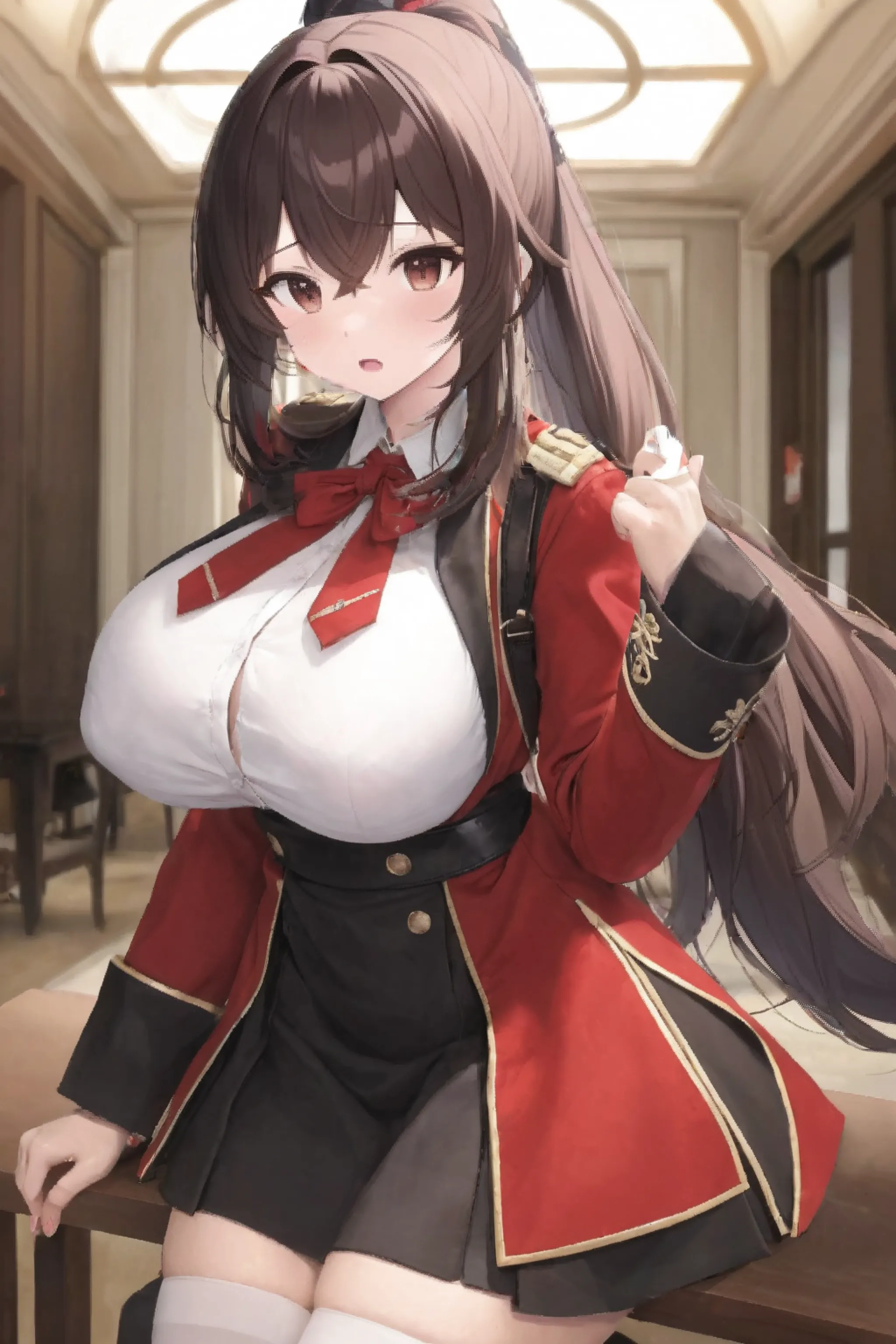 One Woman、beautiful girl, Highest quality, Thick thighs、Big Ass 、Big Breasts、Black Hair、Long Hair、Bangs、Red Blazer Uniform、Angle from directly below、Intimidating attitude、School、Many students behind、Brush your hair up、Pleated skirt、Black Pantyhose、Black panties、walk、Climbing the stairs、Schoolの階段、Angle from directly below