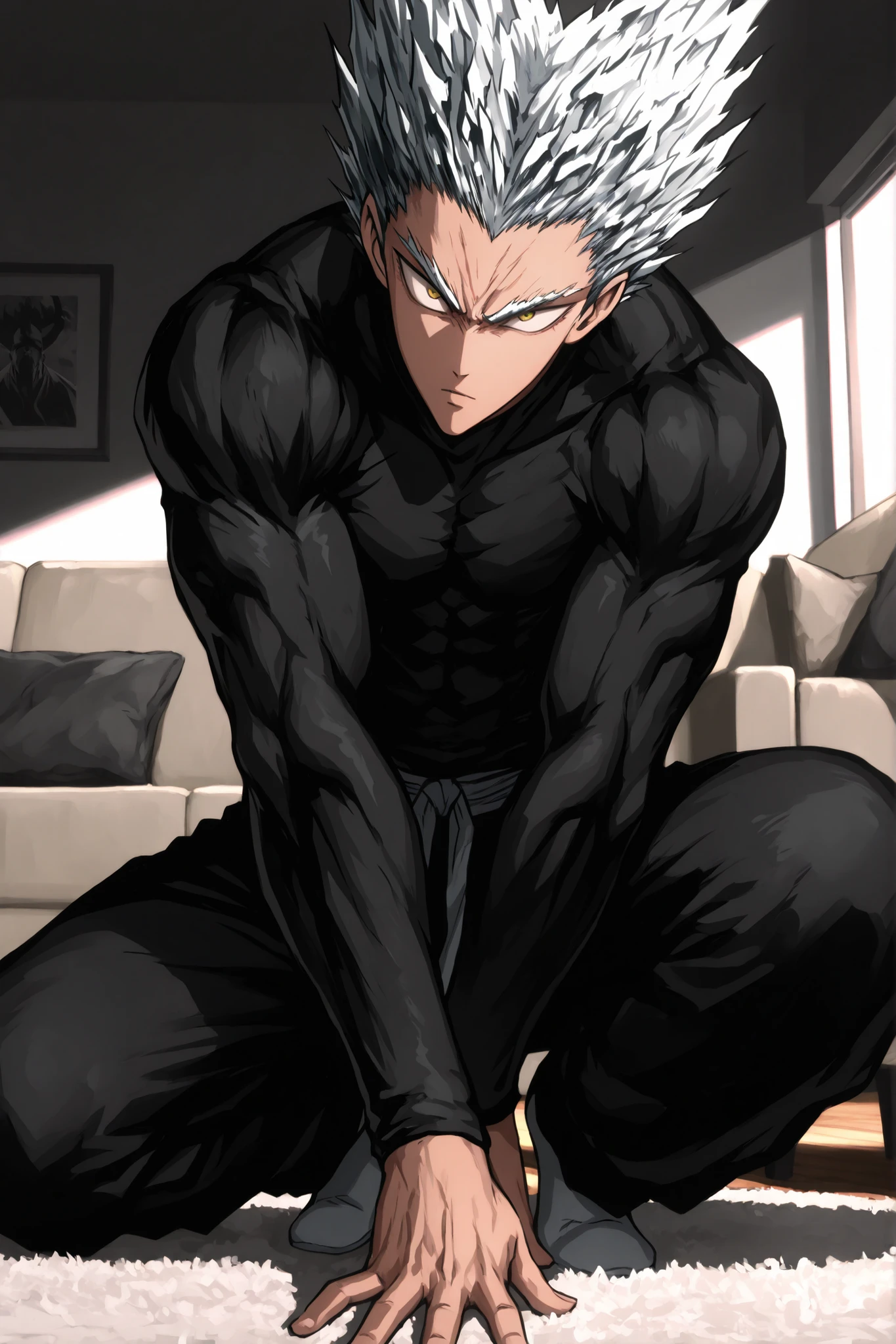 One Punch Man [Garou] illustration,Silver Hair,Silver eyebrows,yellow eyes,full body,solemn expression,Resolute Stance,Detailed description ,high resolution on the coast,masterpiece,extreme detail,professional,vivid color,Original Style,Digital Illustration,sharp focus,Rich lighting,Dramatic Atmosphere,cool tone,Black and white,guy,living room background, No accessories created based on