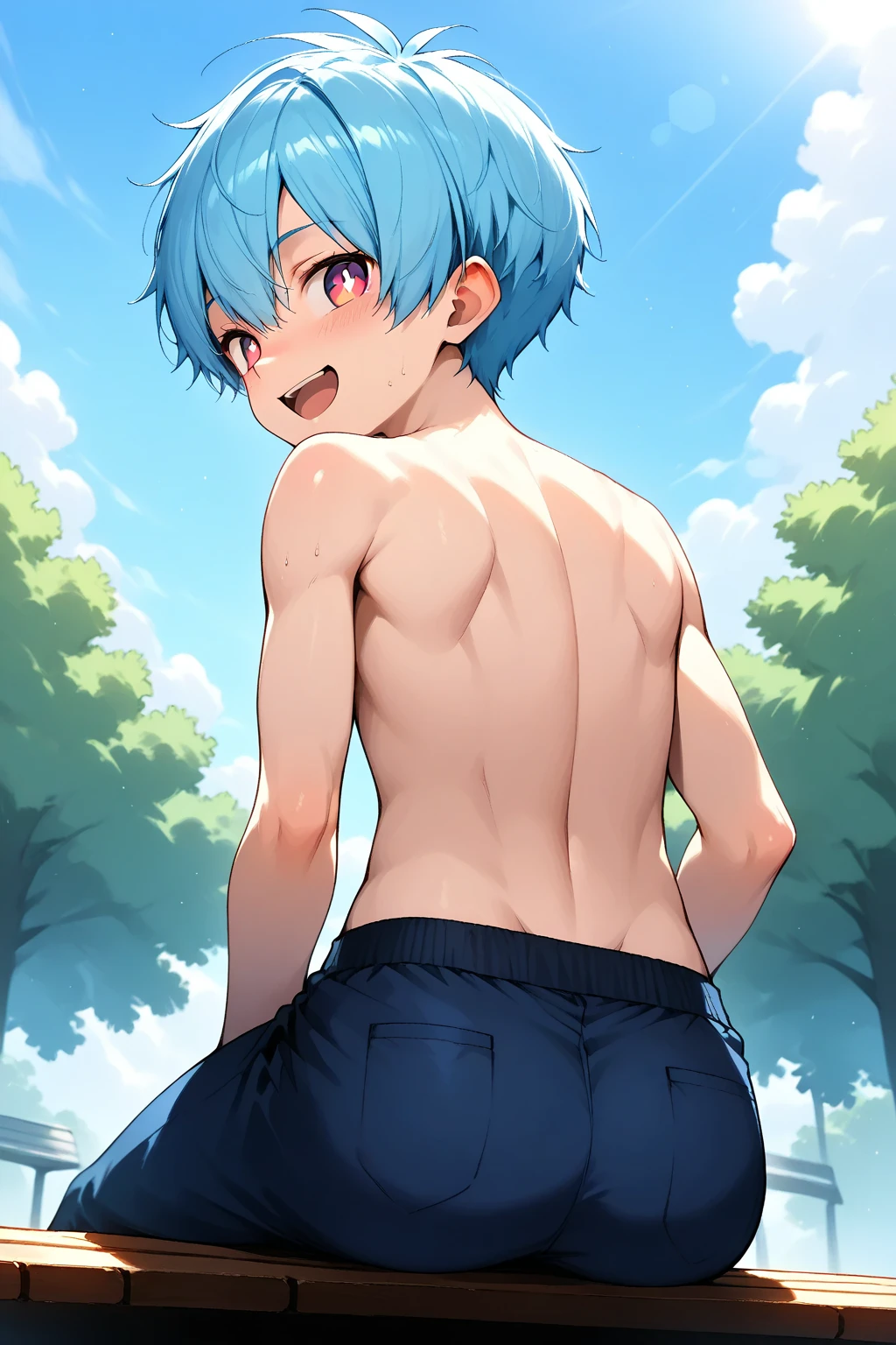 (score_9,score_8_up,score_7_up,score_6_up,score_5_up,score_4_up), 8k, best quality, best lighting, in pop anime style, 1 shota is 10 yo, ((slender body)), (twink), cute eyes, wearing very short pants, ((veiny arms)), ,((extremely super huge and thick and long and long and long penis shape bulge: 1.4)), ((extremely super big and heavy and huge testicles shape bulge:1.4)), testicles stick out from pants, wide shot,