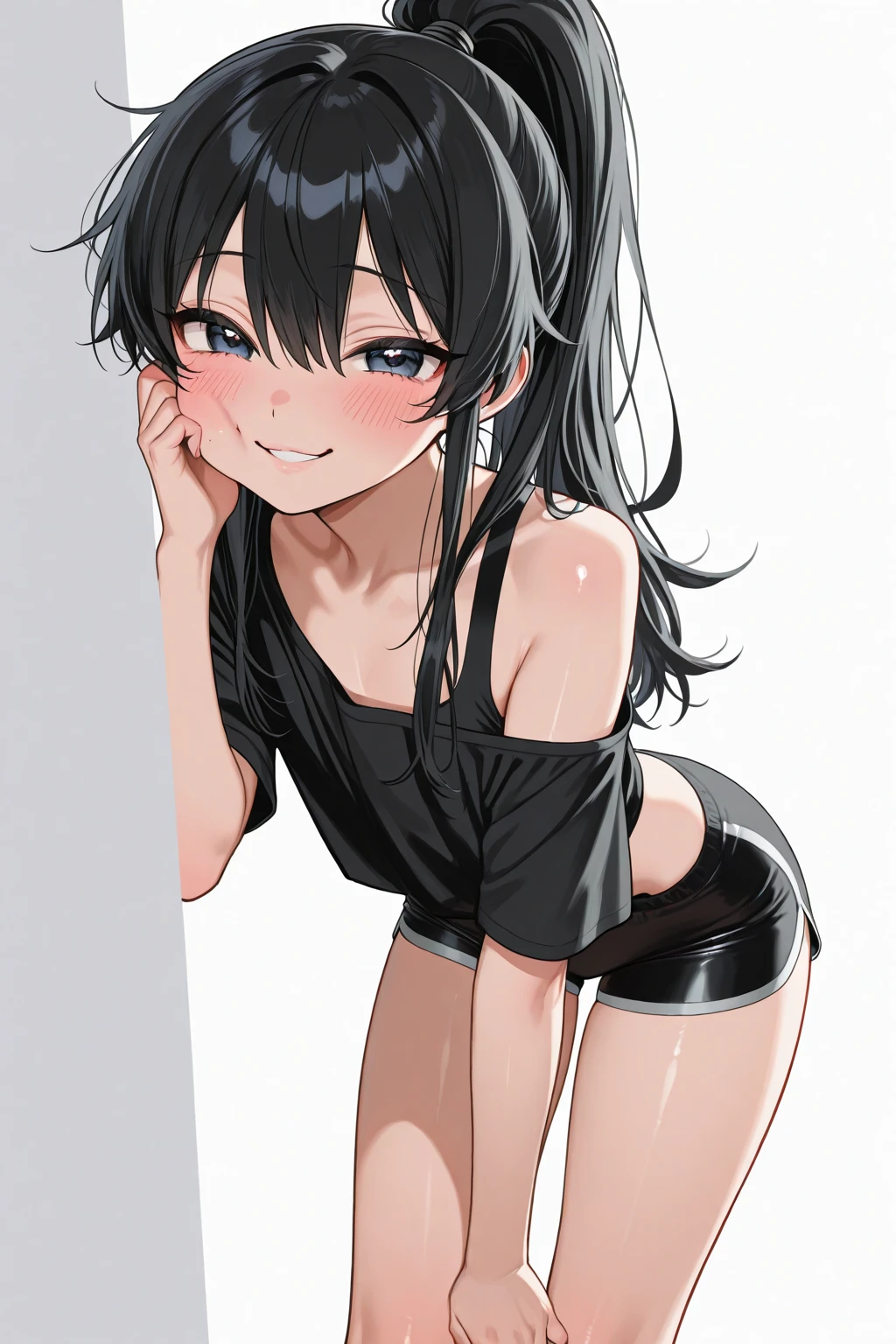 masterpiece, best quality, 1girl, ((young girl)), shiny skin, (thin waist), ((curvy)), ((wide hips)), ((small size)), hot, soft natural lighting, reflections, bright illuminations, upper body, ((sexy pasties)), naked whit pasties, micro skirt, navel, big long black hair, tomoko, sexy, slim figure, Detailed green eyes, Detailed face, Detailed eyes, tomoko kuroki, watamote