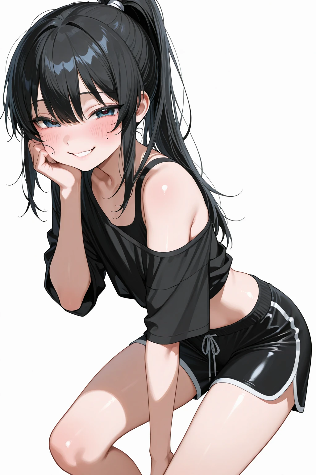(masterpiece:1.5,Detailed beautiful eyes),(1woman,solo),cowboy shot,20 year old beauty、black hair,long hair,blunt bangs,black eyes,tearful:1.2,Scared look、smile for the audience,((smaller head:1.3、skinny,medium breasts)),(((Black T-shirt、Navel is visible、Black panties,gleaming skin,shiny skin,sweat)))、sitting,camel toe,concrete wall、Inside the warehouse、