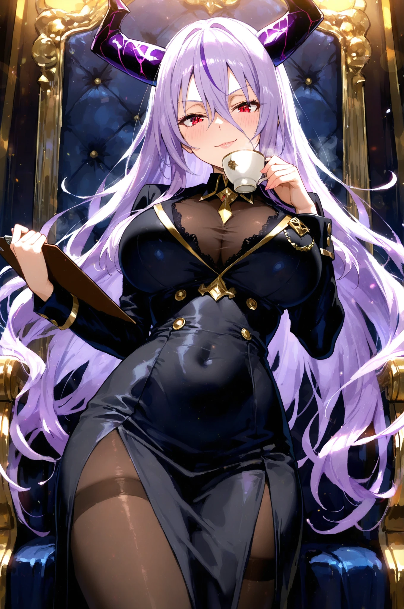 highres, promotionalart, black hair, long hair, purple eyes, white hair, silver hair, very long hair, forehead mark, crescent, black dress, cleavage, braid, living room, sitting on a sofa, indoors, window, looking at viewer, holding book,