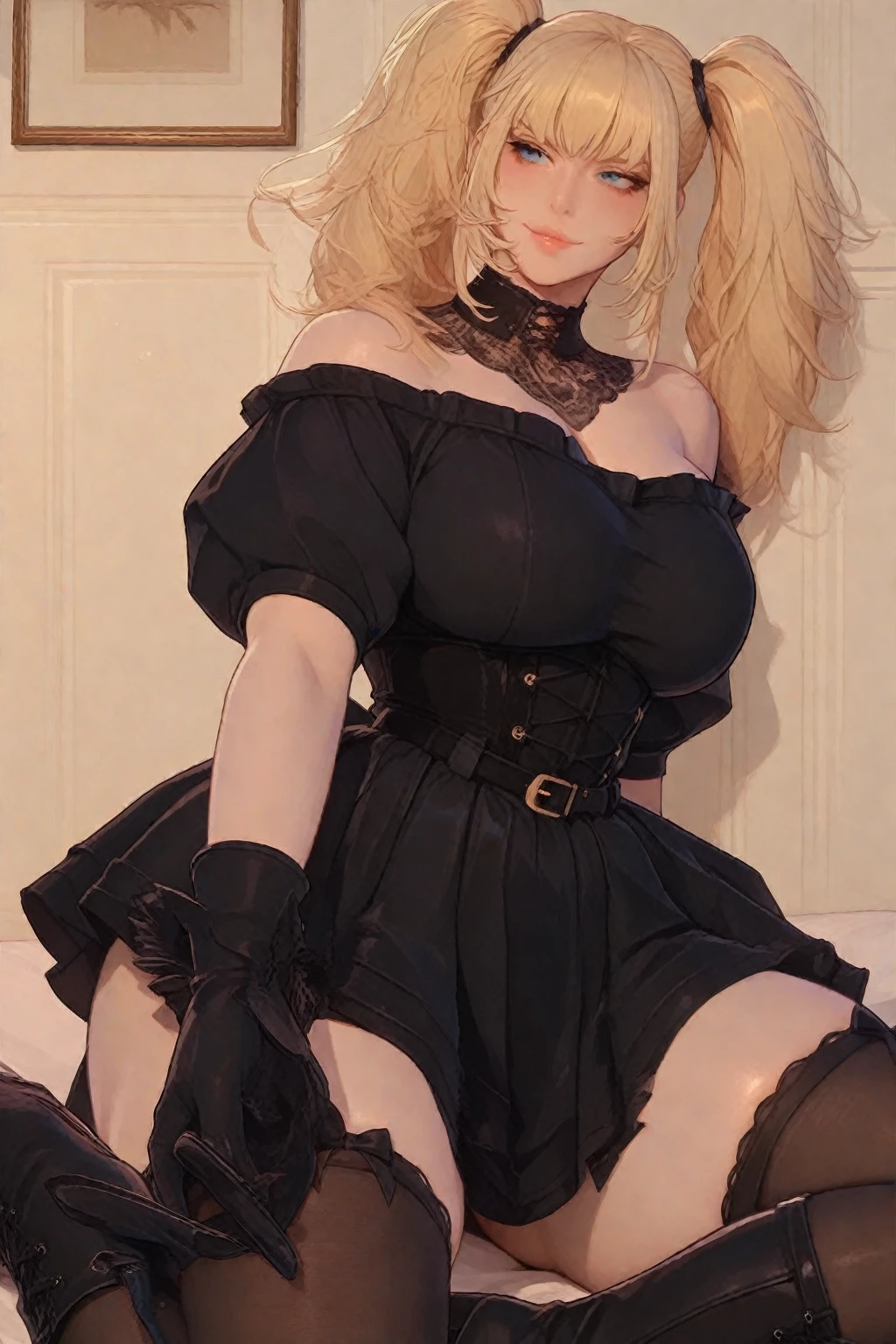 1 girl, Cynthia, Pokemon, blonde hair, long hair, grey eyes, soft, soft light, delicate, frills, vagina, large breasts, exposed breasts, nipples, bed, (frilly), smirk, happy, excited, bows in hair, black garter belt, thighhighs, gold filigree, choker with bow, posing