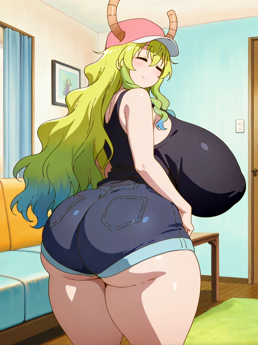 Lucoa, 1girl, solo, closes eyes, demon horns, (gigantic breasts:1.10), pink headwear, black tank top, denim shorts, black thighhighasterpiece:1.2, best quality:1.2, beautiful, high quality, highres:1.1, aesthetic), detailed, extremely detailed, ambient soft lighting, 4K, perfect lighting, nice hands, perfect hands, Big hips (gigantic ass 1.05), look at the viewer