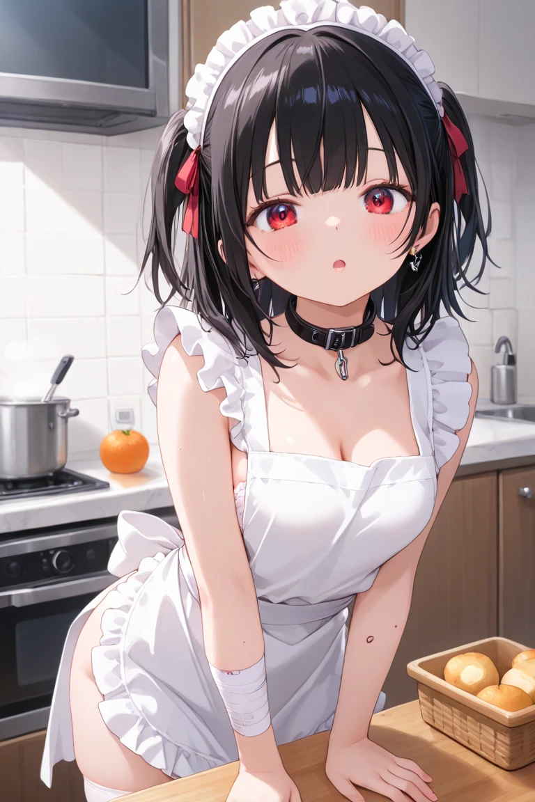 (from above:1.2),(from side:0.9),(Close-Up:0.4), masterpiece, yor, 1girl, Amazing Cleavage:1.3, thin waist, big ass, Raised sexy, medium breast: 1.3 posed cleavage:1.2、solo, looking at viewer, open mouth, have a cup of coffee,black hair, red eyes, dress, bare shoulders, jewelry, collarbone, sidelocks, hairband, earrings, indoors, off shoulder, :o, sweater, arms behind back, plant, short hair with long locks, white hairband, off-shoulder dress, sweater dress, off-shoulder sweater, red sweater, big side hair, very long side hair,is rendered in (masterpiece: 1.2, best quality), with (ultra high resolution) and an exquisite (depth of field). This masterpiece is not only visually stunning but also tells, make of cooking some cakes ,in the kitchen,open mouth smile((leather thigh high boots))(garter belt),((black hair)),blush、surprised face, 