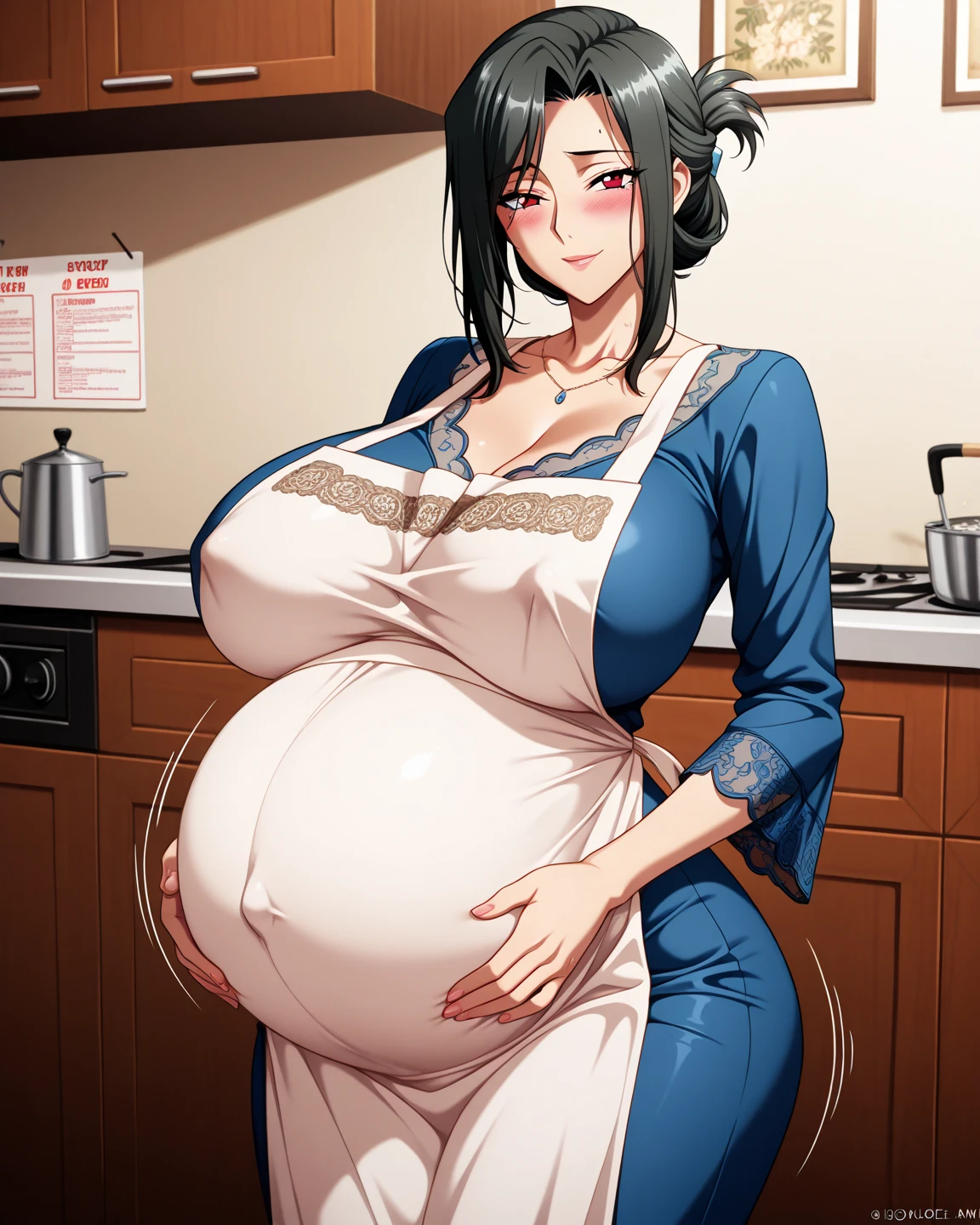 1girl, solo, black hair, blue eyes, milf, middle aged, mommy, (massive sagging breasts:1.0, cute red dress, housewife, apron, kitchen, looking in distance, thinking