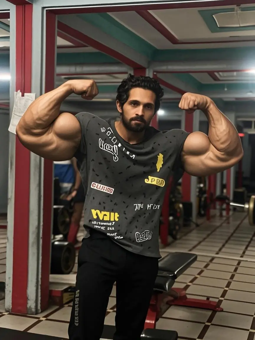 "Arabic Bodybuilder, with bulging biceps and unwavering determination, showcases astonishing strength and muscular physique. Full body view."