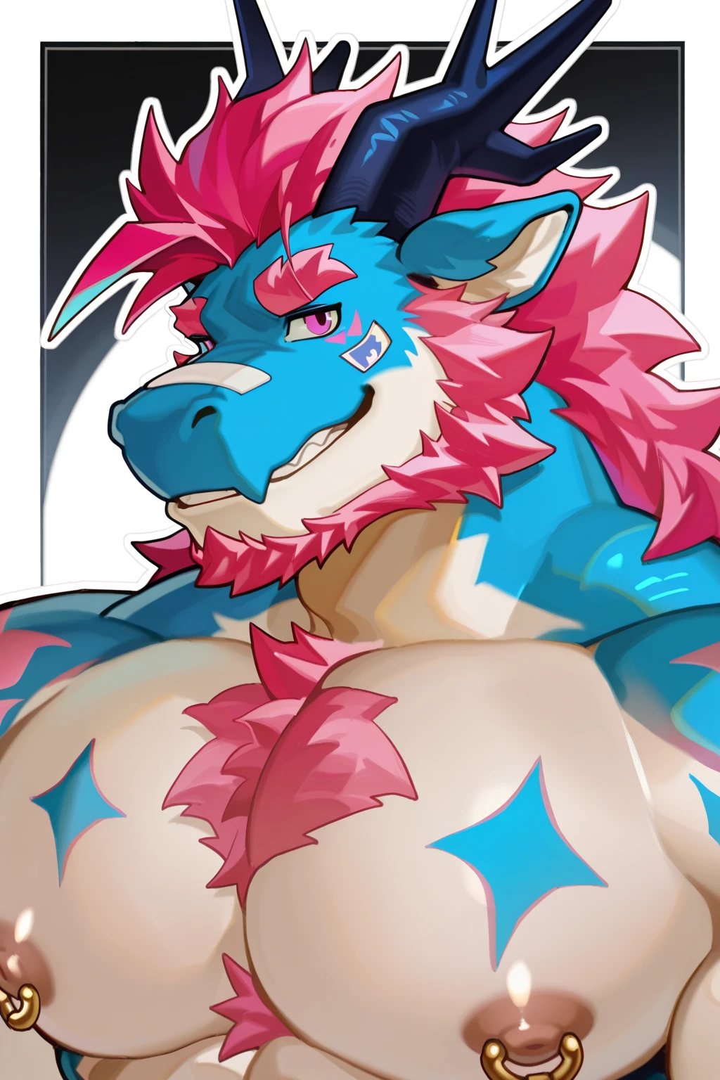 by zixiong, (1boy), solo, male, (blue wolf), white chest, red hair, naked, hot, muscle, sexy, handsome, adults, himbo, (detailed black eyes), white eyebrows, (1 detailed big hard pink genital), thick body, nipple; masterpiece, high res, best quality, 8k, nsfw, lineart
