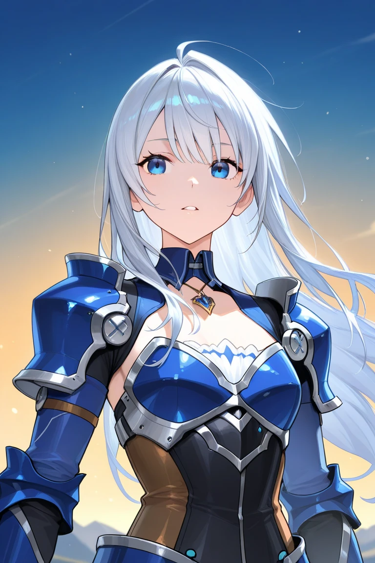 beautiful girl, White Hair, Blue eyes, White armor like underwear、 Big Breasts、Blue Cape、Blue Necklace、In close range、Blue earrings、Emphasize the chest、Big blue sword