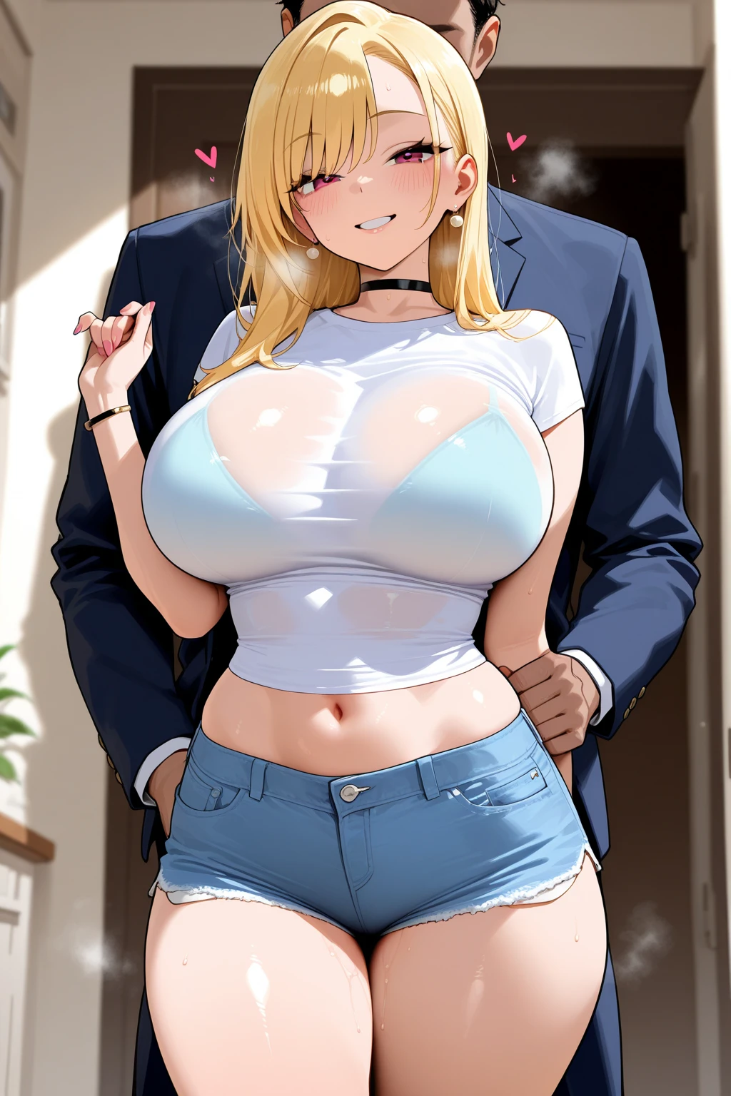 score_9, score_8_up, score_7_up, source_anime, 1girl, ((mature female)), on couch, standing, blonde female, braided ponytail, long ponytail, blush, shy, no panties, nude, BLACKED, ((milf)), front, dress, wearing dress, no bra, no panties, see through clothes, see through breasts, standing, indoors, standing near door, door, entrance, home, 1boy, dark skinned male, girls, white dress hand on boy shoulder, size difference, clothed male, faceless male, smirk, biting own lips, hand on shoulder, ((embrace)), asanagi