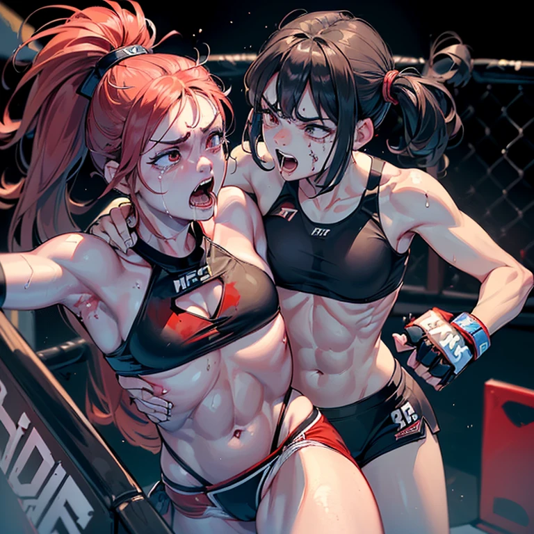 A match between two beautiful high school girls mixed martial artists。Covered in blood、Covered in wounds and in a bad shape。Grabbing the opponent&#39;s body and punching。fighting violently。Suffering from damage。Mouth open and dripping blood。Facial swelling。Bruised body。With one eye closed, it seems painful。Fighting inside the Octagon。I&#39;m soaked in sweat。Ripped and tattered sports bra and bikini、Open Finger Gloves。Erect nipples。Short black hair。