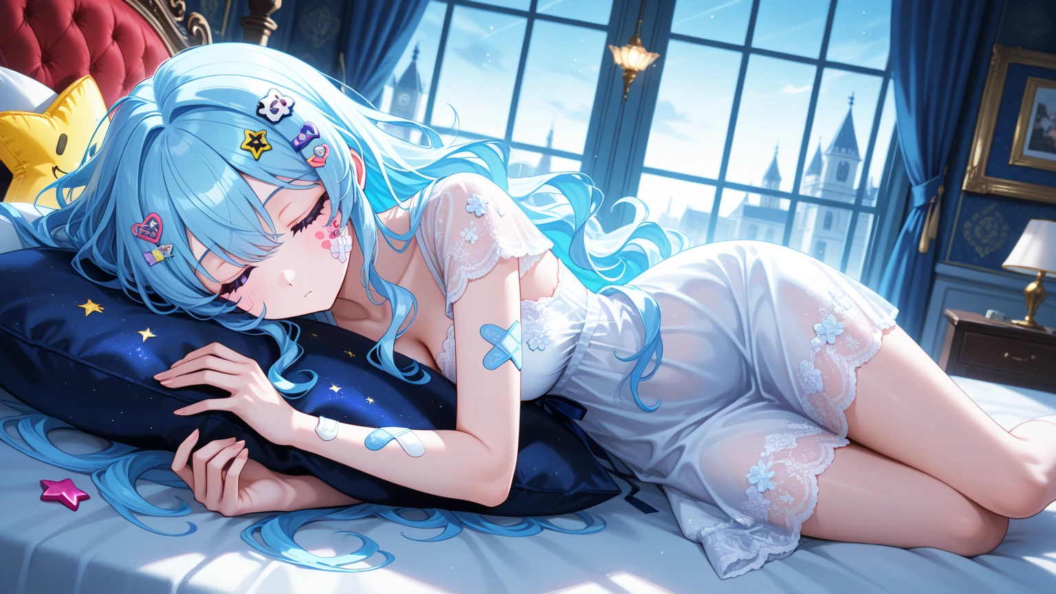 (8 (8k, Highest quality, masterpiece:1.2),cute,cute女の子たち,Couple girls,2 people，お腹にkissをする，mesugaki,Fantasy_world,kiss,On the futon，lie down，Lingerie that shows through the skin，Touching each other&#39;s breasts through clothes，Beautiful thighs，Gentle caress，Heavy breathing，White liquid splashed on face，お腹にディープkiss，starry skies，night，White liquid dripping down thighs