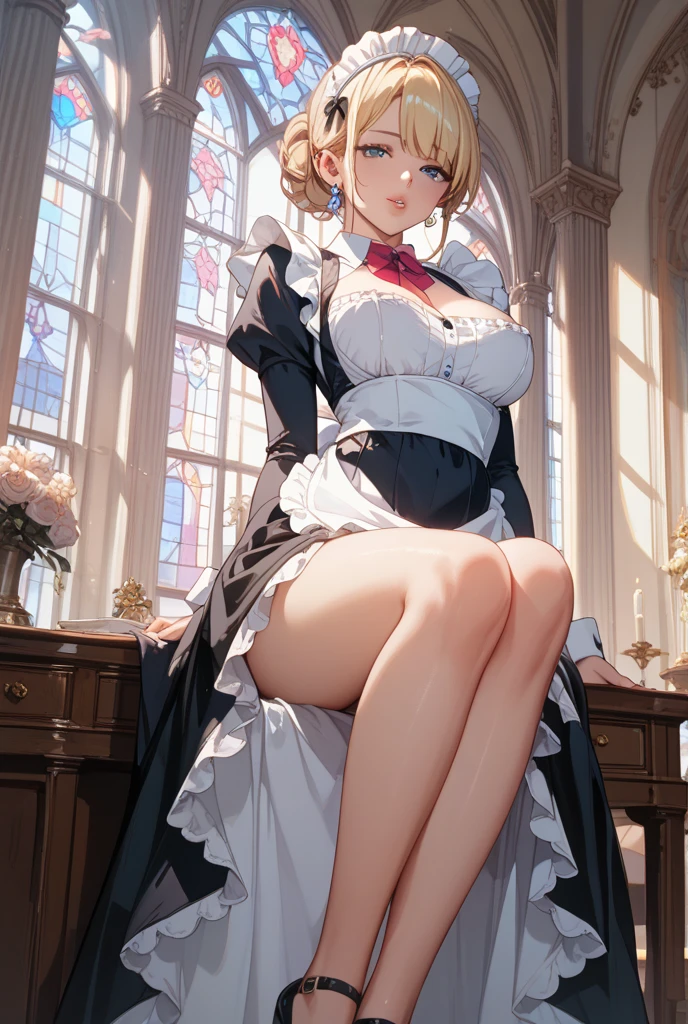 (masterpiece), Mature Woman,Maid clothes, Small breasts,Luxury lace underwear, Natural light, Realistic, Diffuse Light, Written boundary depth,, vapor, (Please lift your skirt), (urination), With a smile.Enamel stockings,Long nipples,Areola,Black see-through bra