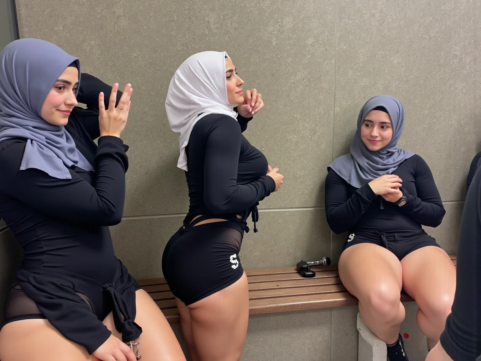 RAW, Best quality, high resolution, Masterpiece: 1.3), Beautiful malay woman in rugby outfit wearing shawl style hijab, non naked, wearing jersey outfit, 2 female, flawless face, cute face, pretty malay face, beautiful white teeth, Masterpiece, Perfect plump body, full body, sexy rugby outfit, tight breasts, short hair, ((wearing black shawl style hijab, wide and long hijab)), covered in cum, soaked in semen, beautiful big eyes, watery eyes, Soft smile, breezy, skin details, skin texture details, wide hips, thick thighs, sexy plump body, morning time, happy, bright sunshine, at football field, blurred background, bokeh, ((white, black and grey outfit, wearing baggy rugby jersey shirt short sleeves, wearing black handsocks, wearing tight shorts, wearing black long socks, wearing sweater)), ((standing, sexy legs)), ((hands above breasts)), ((wearing long black gloves))