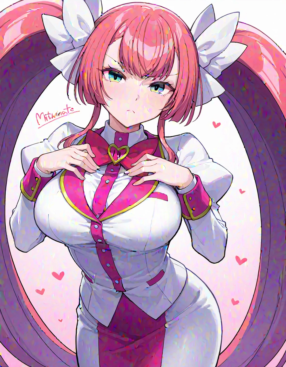 highres, absurdres, best quality, masterpiece, solo elphelt valentine, blue eyes, pink hair, short hair, rabbit ears, cleavage, bridal veil, spiked hairband, juliet sleeves, wedding dress, red gloves, clover, shoulder spikes, red belt, bedroom, <lora:elphelt valentine-000005:1>