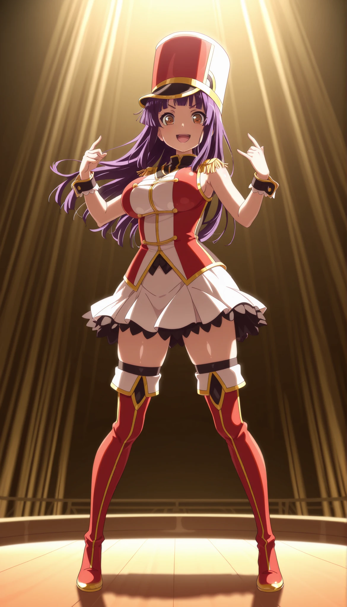 score_9, score_8_up, score_7_up, source_anime, solo, 1girl, looking at viewer, absurdres,highres,masterpiece,best quality,amazing quality, ultra detailed anime style, anime coloring, shiny skin, perfect eyes,detail1eye,well-defined fingers, AoiIzumizawa, brown eyes, purple hair, long hair, blunt bangs, antenna hair, large breasts, kokorohhw, hhw skirt, hhw shako cap, hhw band uniform, hhw wrist cuffs, hhw thigh boots, serious smile, open mouth, rouge lips ,full body ,powerful posing ,on stage ,shining lighting