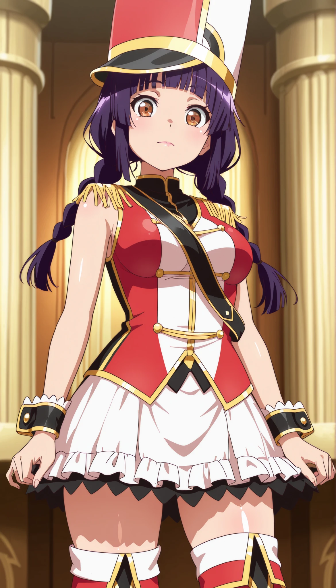 score_9, score_8_up, score_7_up, source_anime, solo, 1girl, looking at viewer, absurdres,highres,masterpiece,best quality,amazing quality, ultra detailed anime style, anime coloring, shiny skin, perfect eyes,detail1eye,well-defined fingers, AoiIzumizawa, brown eyes, purple hair, long hair, braid, twin braids, bangs, blunt bangs, antenna hair, medium breasts, kokorohhw, hhw skirt, hhw shako cap, hhw band uniform, hhw wrist cuffs, hhw thigh boots, closed mouth, rouge lips , cowboy shot ,from front,standing posture, natural face