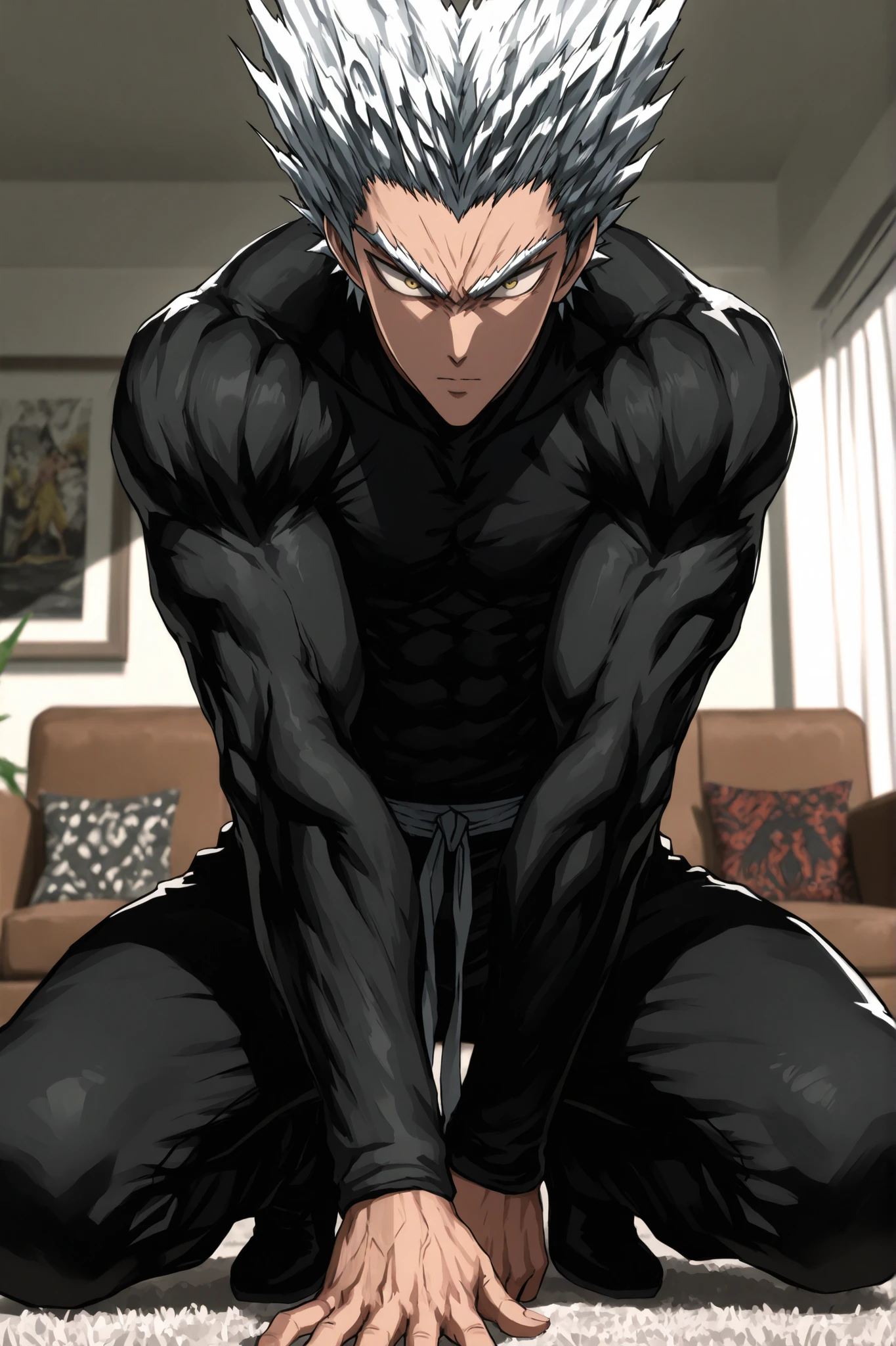 One Punch Man [Garou] illustration,Silver Hair,Silver eyebrows,yellow eyes,full body,solemn expression,Resolute Stance,Detailed description ,high resolution on the coast,masterpiece,extreme detail,professional,vivid color,Original Style,Digital Illustration,sharp focus,Physically-based rendering,Rich lighting,Dramatic Atmosphere,cool tone,Black and white,guy,living room background