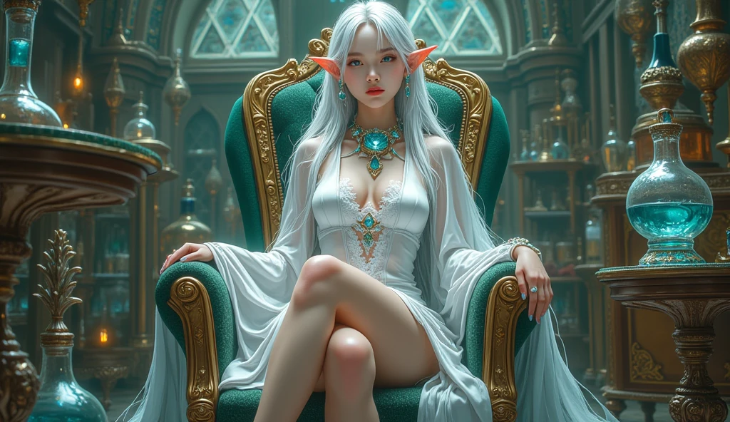 Unbeatable masterpiece, Ultra photo realsisim , Perfect artwork , Intricate details , Best quality , Strong light , High contrast , Dynamic pose , Dutch angle , ((Depth of field:1.8)) , illustration , Disheveled hair , Solo , 1 girl , game character portrait , Colorful , Light , Crossed legs , profile , view the viewer , Smile , White hair , Red eyes , elf(From above:1.3) , Bare legs , Drill hair , Bare shoulders , dress , barefoot sandals , Palace , throne , (Flat color:1.3) , luxury clothes