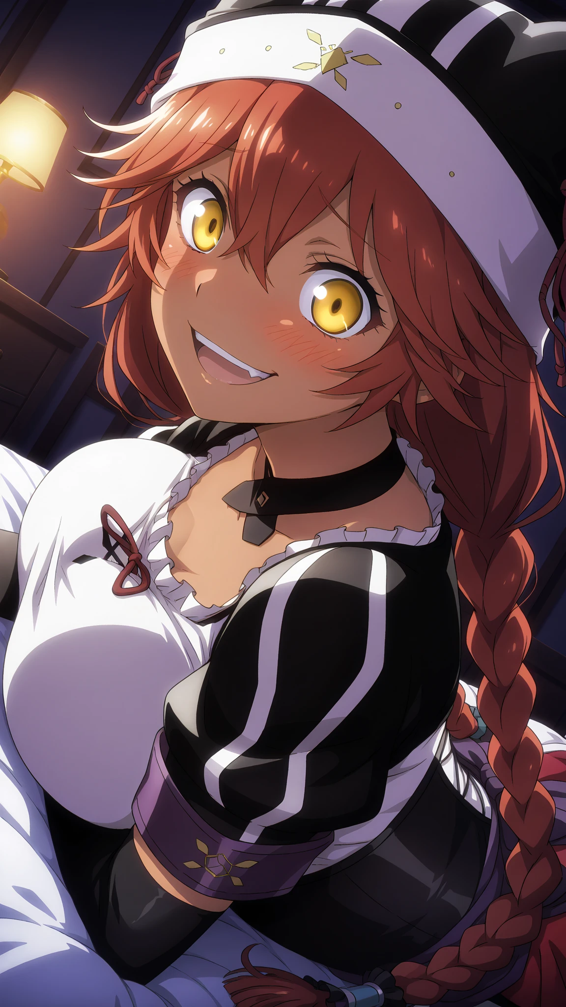 Lupusregina_Beta, overlord \(maruyama\)
High quality , best quality , masterpiece, High Resolution , detailed face( LoRA: Lupusregina),anatomically correct, detailed hair Style( LoRA: Lupusregina),anime Coloring
red hair, twin braids, long hair, hair tubes, yellow eyes, hair between eyes, dark skin, dark-skinned female
Black maid uniform, underbust, hair tubes, black animal hat, black choker, white shirt, taut shirt,,breast,
looking at viewer , close-up,from side,
bedroom,dark room,on the bed,
open mouth, crazy smile,blush,
lying(on stomach)