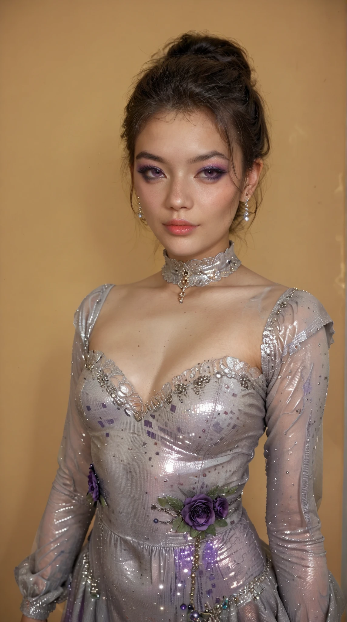 a perfect portrait of a Nordic American Asian female face with makeup, wearing ornate silver and amethyst jewelry and a purple and silver sequin low v-neck long sleeve tight mini ruffled dress, a beautiful decorated gray and gold background

