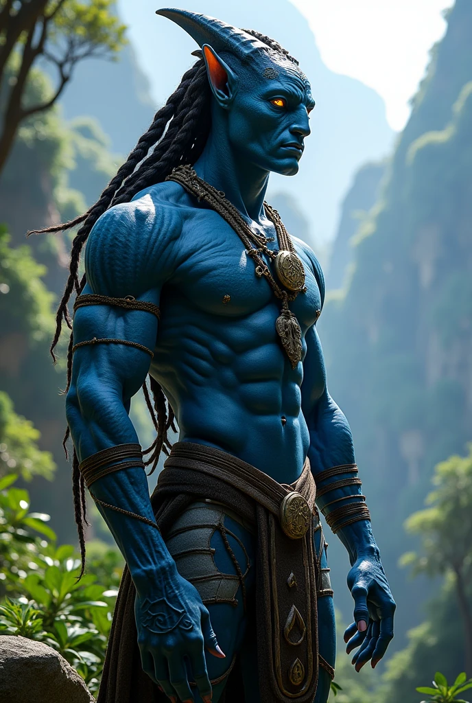 ((Best quality)), ((masterpiece)), (detailed), ((perfect face)), ((halfbody)) handsome face, male, blue oceanic Na'vi perfect proportions , a male version character Avatar: The way of water, long black braided hair with shell accessories, male version, stern masculine face clean shaven, detailed sea background, detailed oceanic scenery, long loincloth, detailed abs, thick body, perfect face