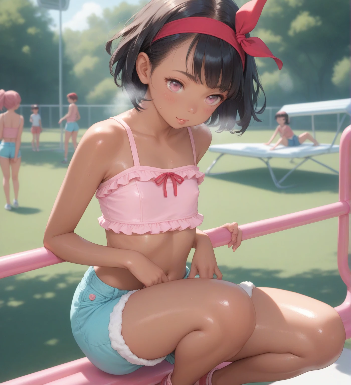 (2 girls in:1.5),(The two of them are sitting vulgarly...:1.3),(Micro bikini with very small fabric area:1.5), Happy smile, Blue eyes, masutepiece, Best Quality, Detailed, Lori, Two junior high school students,(2 girls in:1.8),( Wet with sweat:1.2), (Wet Sheer White Micro Bikini(can see through,teats see through:1.4),(Numbered:1.4)),(Wet and transparent black micro bikini):1.4),Lori, (Very small:1.7),(Big:1.3)(Girl with wavy hair in a bob cut:1.4),(girl with short cut glasses:1.4),(we are a team:1.6), (小柄:1.4),(Wet and transparent white low-rise racing bloomers(Contains many sponsor logos:1.5),(Sticks to the crotch:1.2):1.6)、(Mansuji muscle:1.4),(Looks beautiful:1.3)、(Pubic hair sticking out a little:1.6),(Athletics stadium during the competition:1.5),(No Underwear:1.4) ,(Small nipples show through:1.2),(matching track shoes:1.2),(Her beautiful little pussy is clearly visible:1.4),(I can see the shaved hair:1.4),(I can see pubic hair growing:1.3),(Both of them spread their legs wide:1.5),(I can see her salmon pink pussy :1.4),japanse, small brest, Vulgar