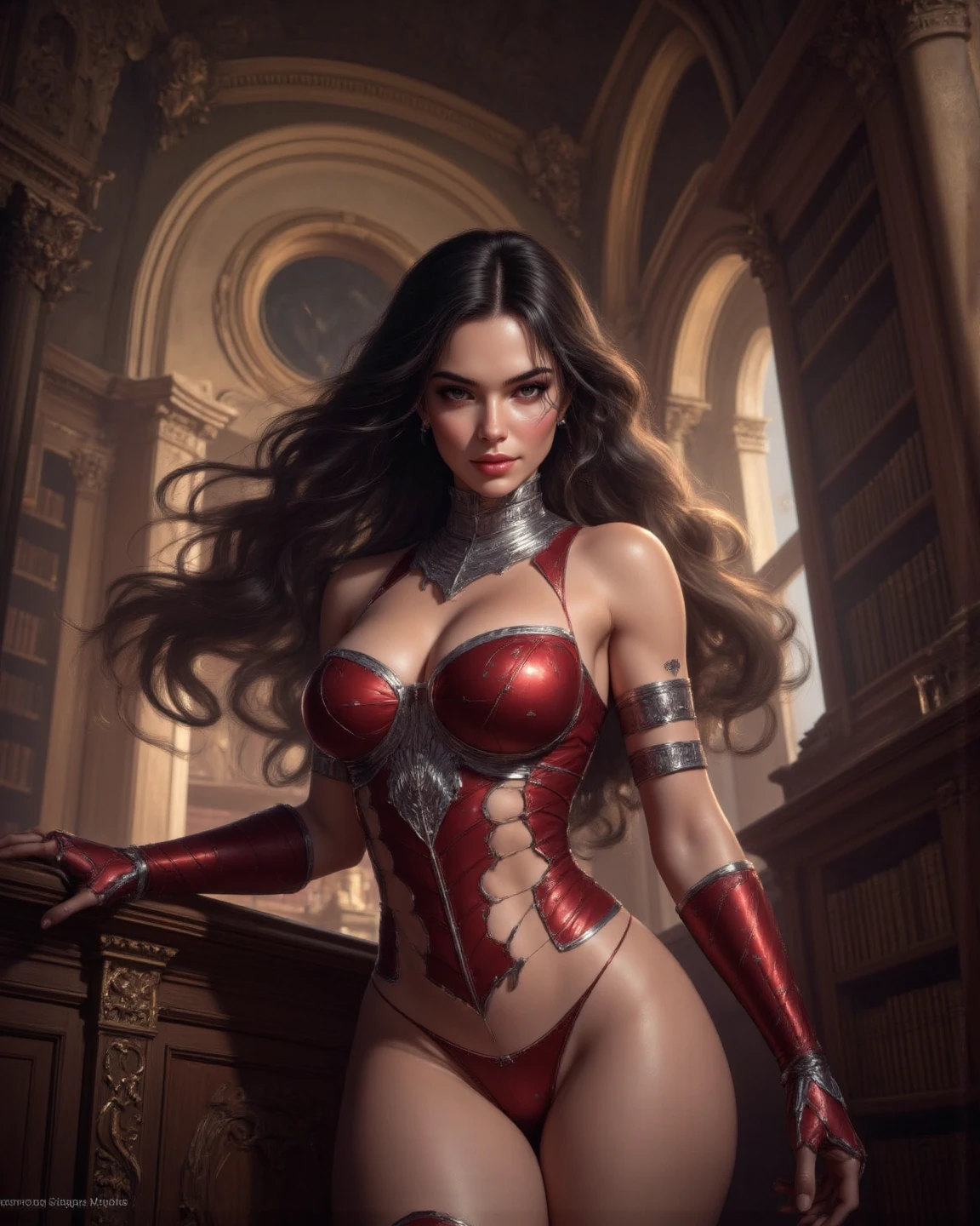 A mid shot of a (red skinned tiefling) woman, gorgeous face, amazing bone structure, defined cheekbones, slim, sharp nose, plump red lips, smokey eyes, dark thick eyebrows, dark eyeliner, dark eyeshadow, beautiful, long dark hair and (short curved bone horns coming from her forehead), (she has crimson red coloured skin:1.2), striking image, beautiful lighting, 3d render, perfect image, flawless, she has a skinny body, skinny waist, toned stomach, with large perky breasts and sexy swaying hips, (dressed in fantasy armour:1.2), (best quality), ((masterpiece)), realistic ???????, seductive, curvy, big ass, (D&D tavern setting:1.2)