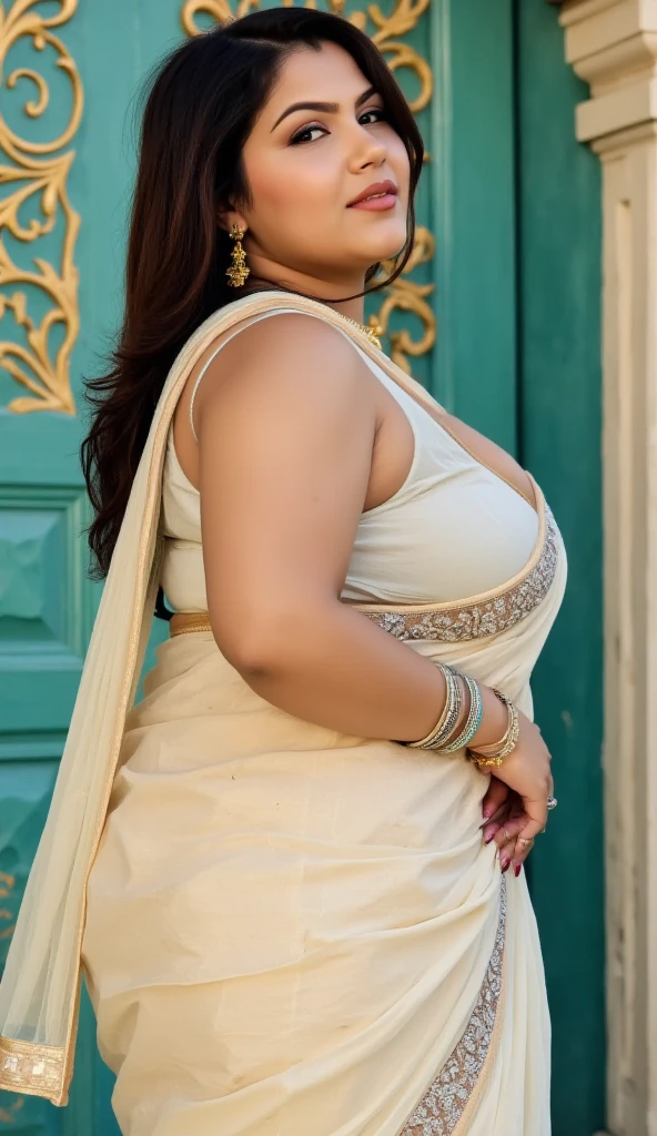 A woman neck blouse and saree,on the beach,fair face,round face, angle face, beautiful face,big cheeks, curvy, hourglass figure, swooping breasts, deep cleavage, open arms, sexy armpits,big penis, nipples, ass, necklace, (cinematic:1.3), intricate details, (ArtStation:1.2),araffe woman in a neck blouse and saree standing on a step, thick thighs, thick legs, full body photogenic shot, full body! pretty face, neck blouse and saree woman, gorgeous lady, full body shoot, full body!! maximalist details, skinny waist and thick hips, dressed in a neck blouse and saree, pretty face with arms and legs, juicy legs, vibrant hues,