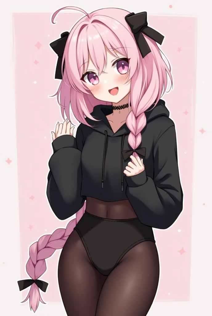 pinastyle, 1girl, solo, horns, long hair, thighhighs, tail, panties, underwear, navel, one eye closed, hoodie, hood, pink hair, very long hair, black thighhighs, white background, cropped hoodie, simple background, black panties, hood down, blush, heart, demon tail, looking at viewer, grey hoodie, freckles, crop top, demon girl, smile, long sleeves, hairclip, pointy ears, midriff, demon horns, hair ornament, cowboy shot, red eyes, breasts, tongue out, hand on hip, sleeves past wrists, drawstring, tongue, no pants